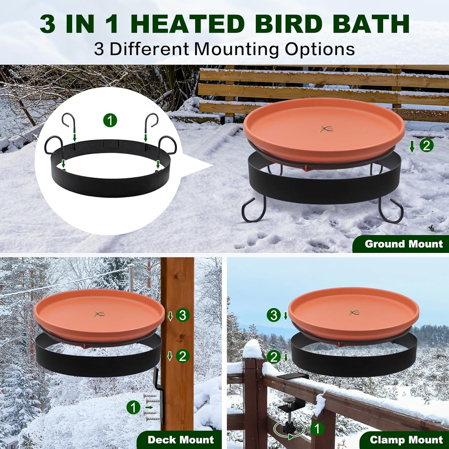 Heated Bird Bath for Outdoors for Winter, 3 Easy Ways to Mount Detachable Bird Bath Bowl, 75W Heated Bird Baths with Thermostatically Controlled for Garden Yard Patio Lawn, Terracotta