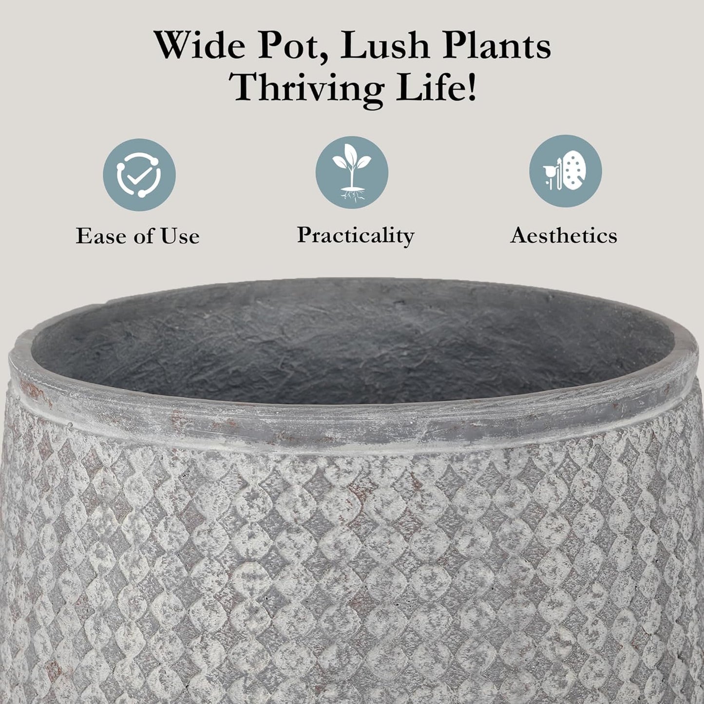 Worth Garden Large Round Planters Set of 2 (14.5"x17.5" & 12" x15“) - Lightweight Magnesium Oxide Cement Plant Pot with Texture - Grey Concrete Look with Drainage Hole – Indoor & Outdoor Use