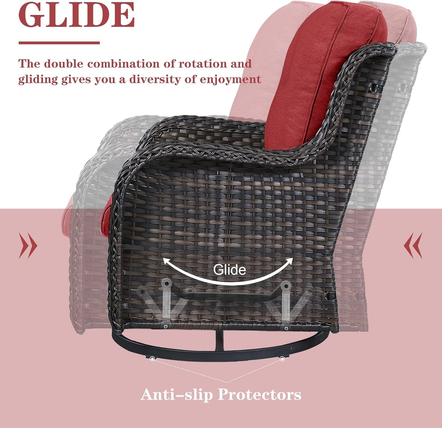 Outdoor Swivel Rocker Patio Chairs - 360 Degree Swivel Glider Seating Wicker Rocking Chairs Set of 2 with High Back Deep Seat for Porch Balcony Deck, Brown/Red