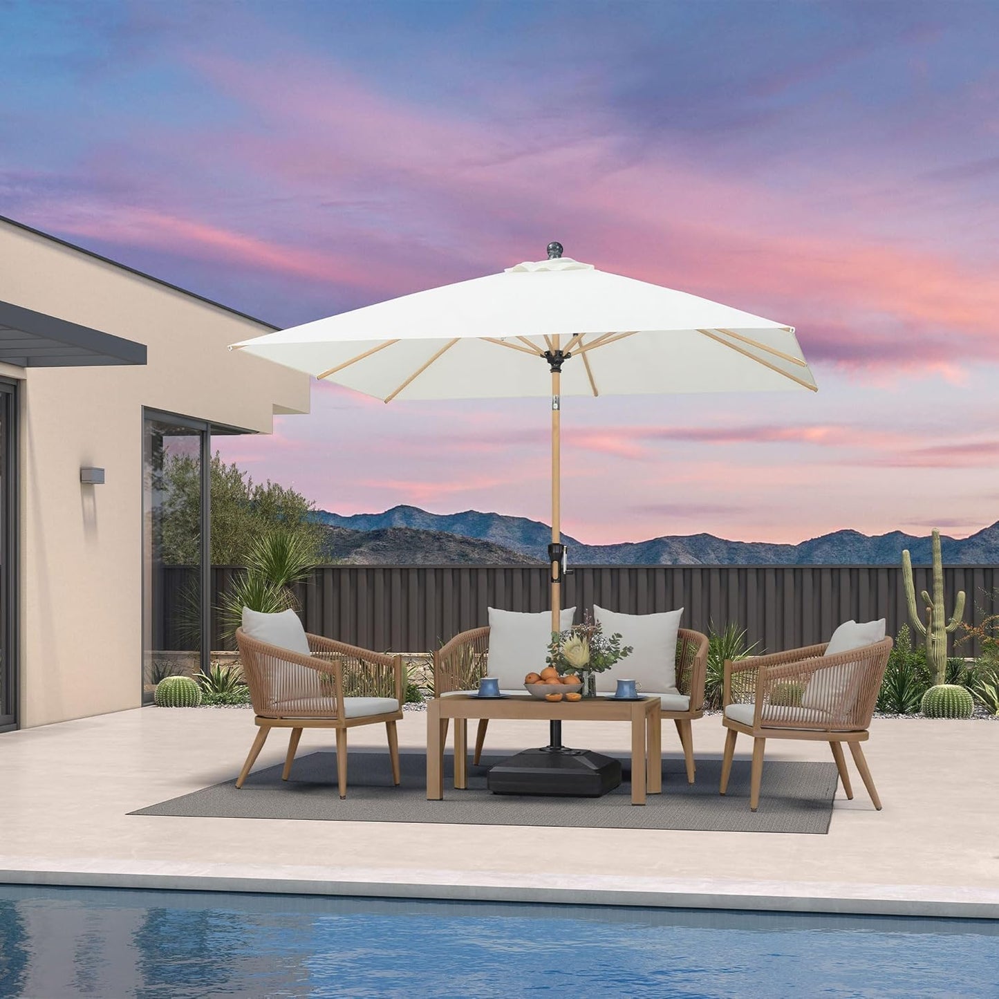 PURPLE LEAF 8' x 8' Square Outdoor Table Umbrella with Base Patio Umbrella Aluminum Market Umbrella with Push Button Tilt & Crank and 8 Ribs Outdoor Umbrella for Pool Backyard Beach, Cream