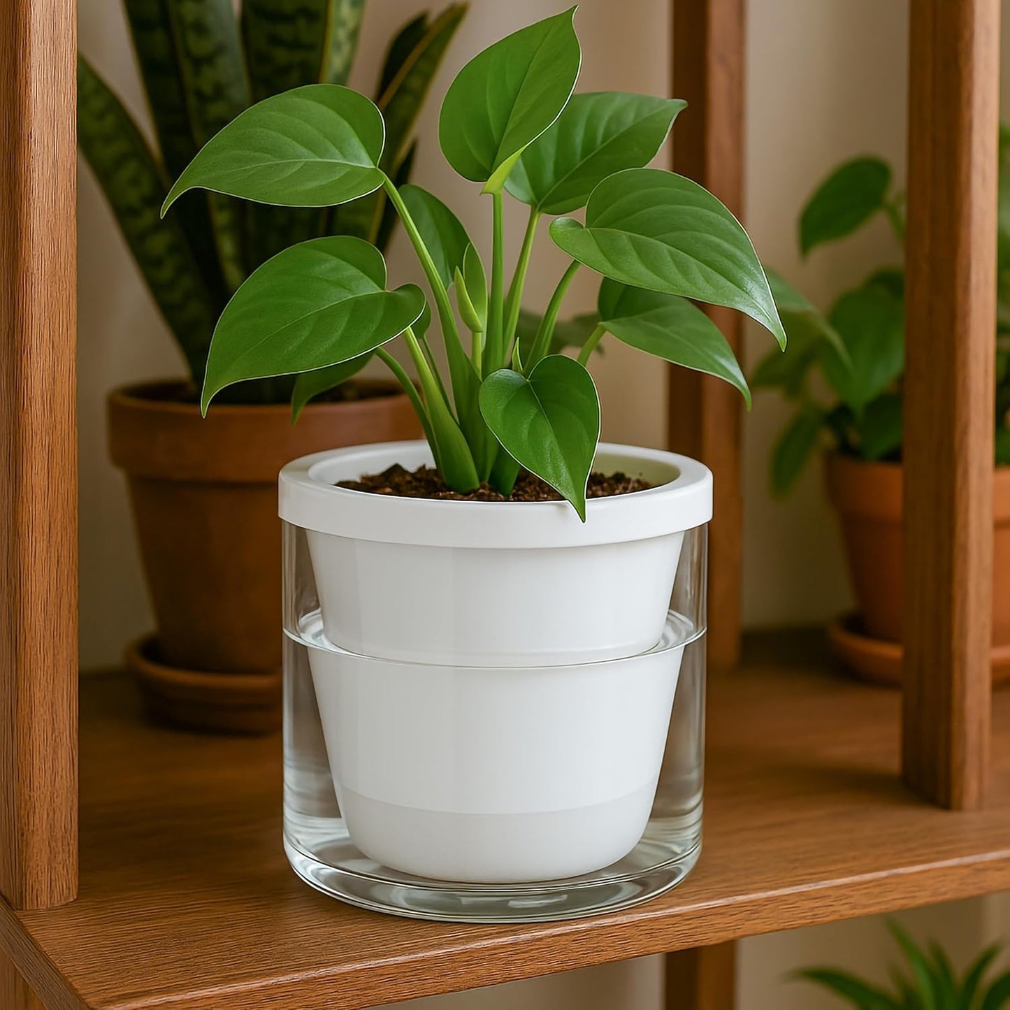 D'vine Dev 6 Inch Design Self Watering Planter for Indoor Plants, White Terracotta Pots with Cylinder Glass Cup, 37-X-B-2