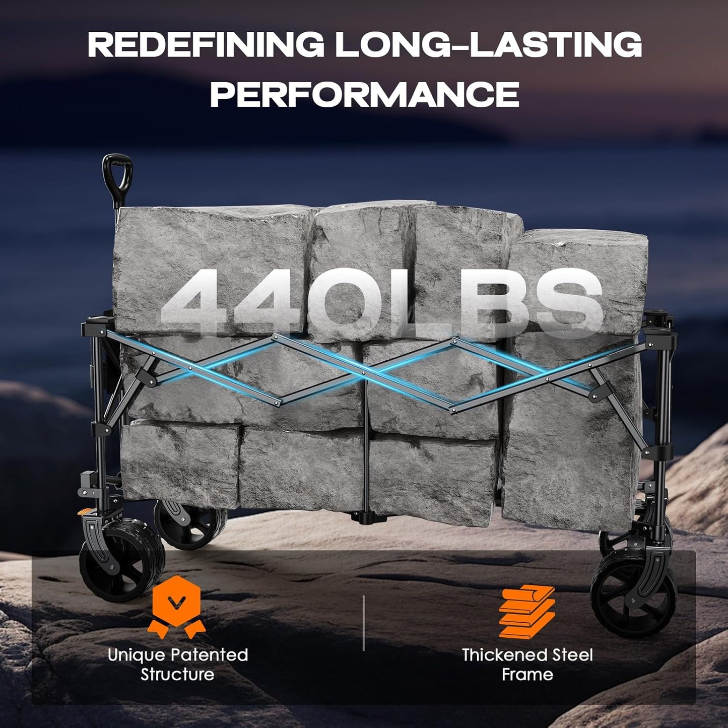 Navatiee 300L Extra Large Collapsible Wagon Cart Foldable, 48''L Extended Heavy Duty Folding Beach Wagon with 440LBS Weight Capacity and Big Wheels, Utility Garden Cart for Sports Camping