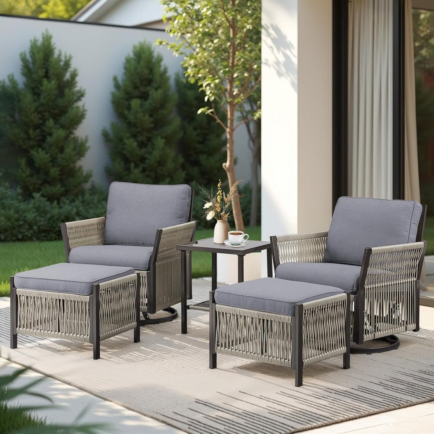 Patio Furniture Wicker Outdoor Conversation Set, 5-Piece All Weather Patio Furniture Rattan Rocking Sets w/Removable Cushions & Ottomans, Side Table for Backyard, Balcony, Deck, Dark Grey
