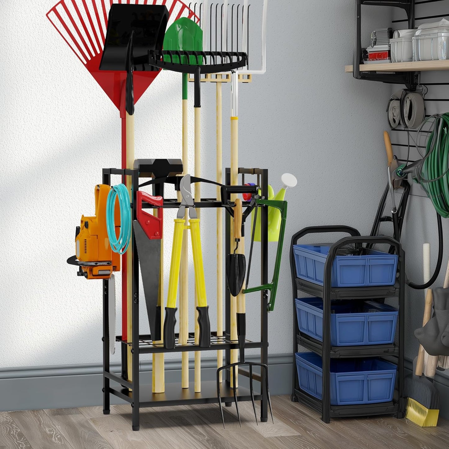Garden Tool Organizer Rack for Garage, Yard Tool Tower Rack Organizer, Tools Stand Storage with Hooks Black Metal Garden Tools Holder for Yard Shed Garage Organization