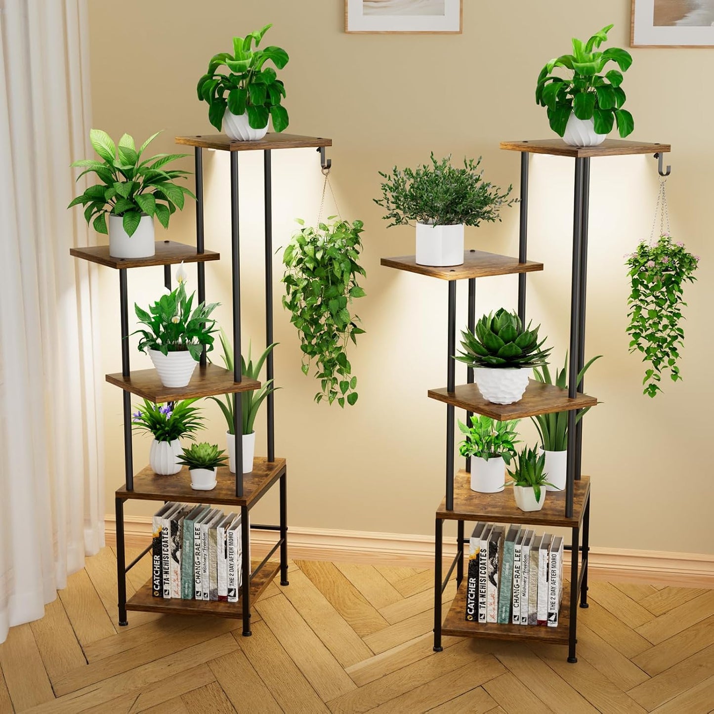 Plant Stand Indoor with Grow Light, 5-Tiered Tall Plant Stand Indoor, Metal Plant Shelf with Hanging Basket Hook and Adjustable Light, Ideal for Living Room, Garden, Patio,Brown and Black（2 pcs ）
