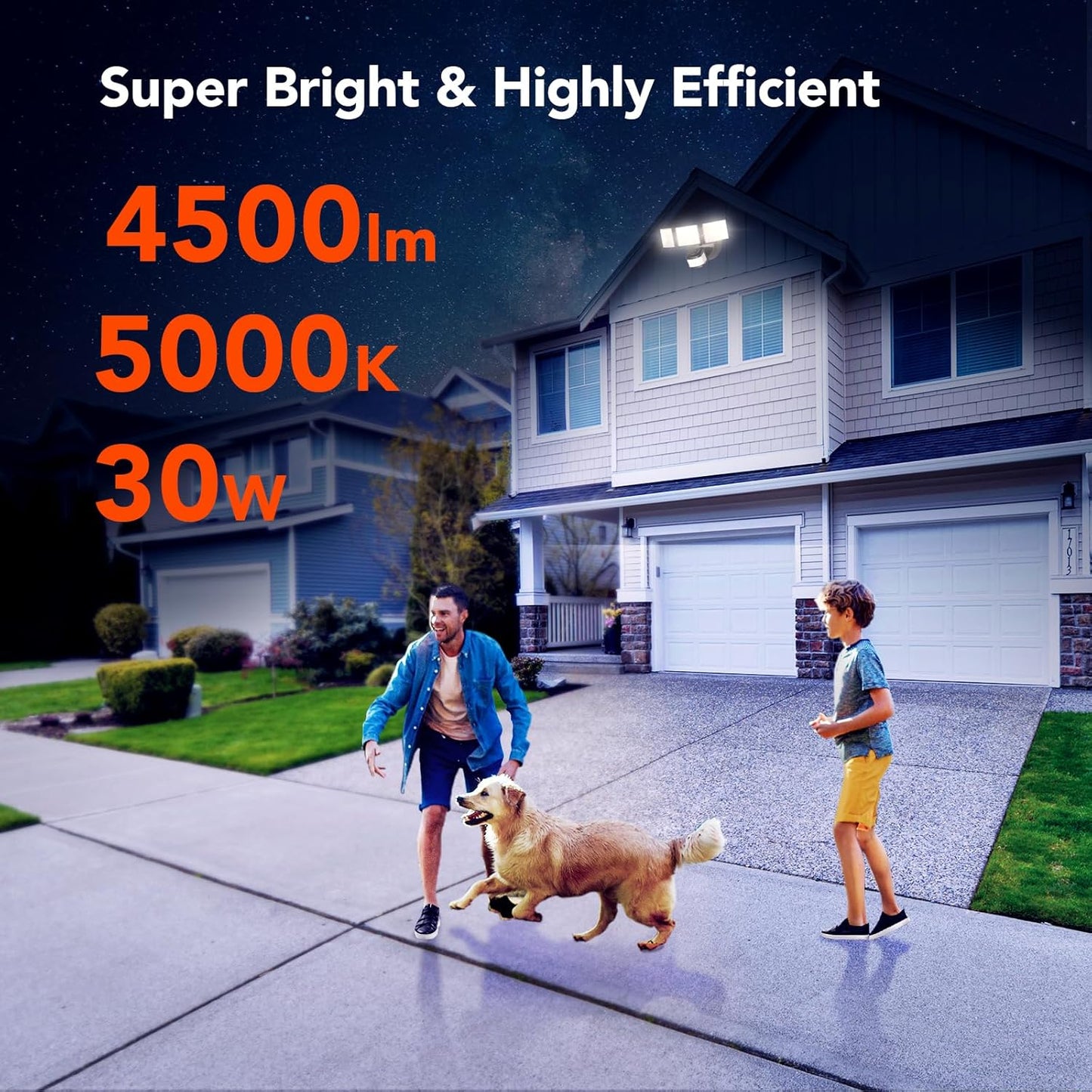 OREiN 4500LM/30W Flood Lights Outdoor, 180°/50FT Motion Sensor Outdoor Lights 3 Modes Dusk to Dawn IP65 Waterproof LED Security Light for 4500SQ.FT Area for Yard Garden, Black (Hardwired)