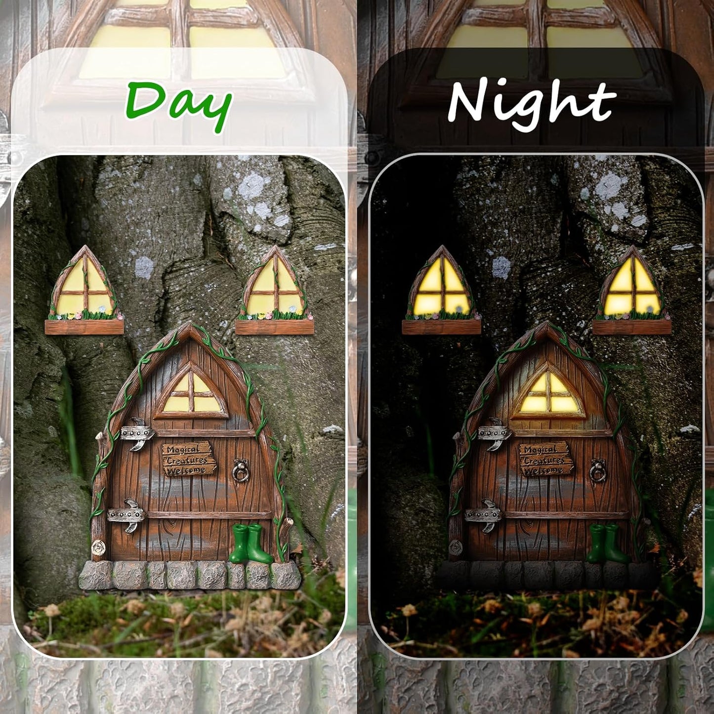 Resin Fairy Door and Window for Trees,Glow in The Dark,Miniature Fairy Garden Accessories,Garden Outdoor Decor for Trees,Gnomes House，Elf House