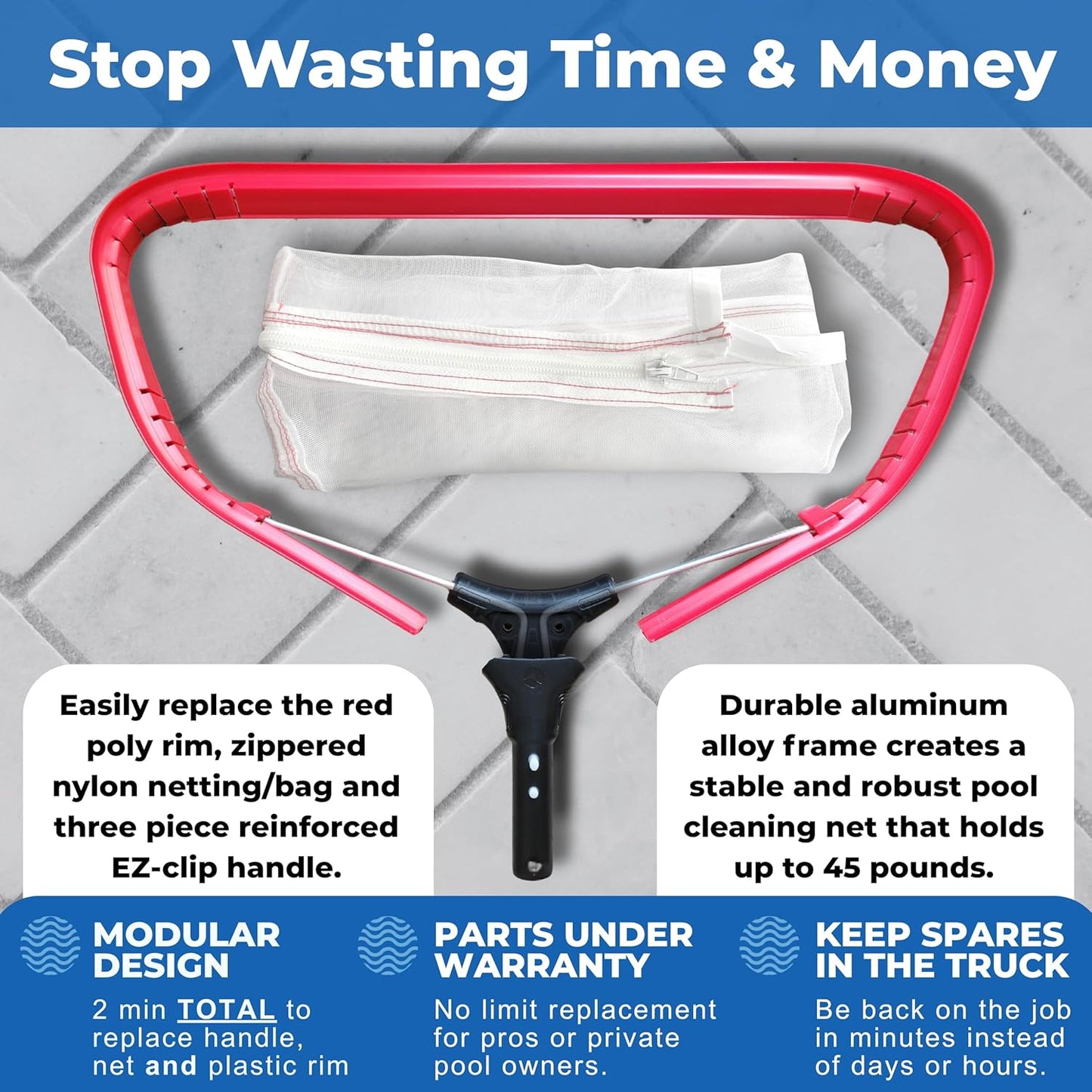 ProTuff 17" Silt Net Pool Skimmer for PROS – “490 Promise” Unlimited Unconditional Replacement – Ultra-Durable Ultra Fine Net for Silt – Heavy-Duty Aluminum Frame, EZ-Clip & Deep Bag for Cleaning