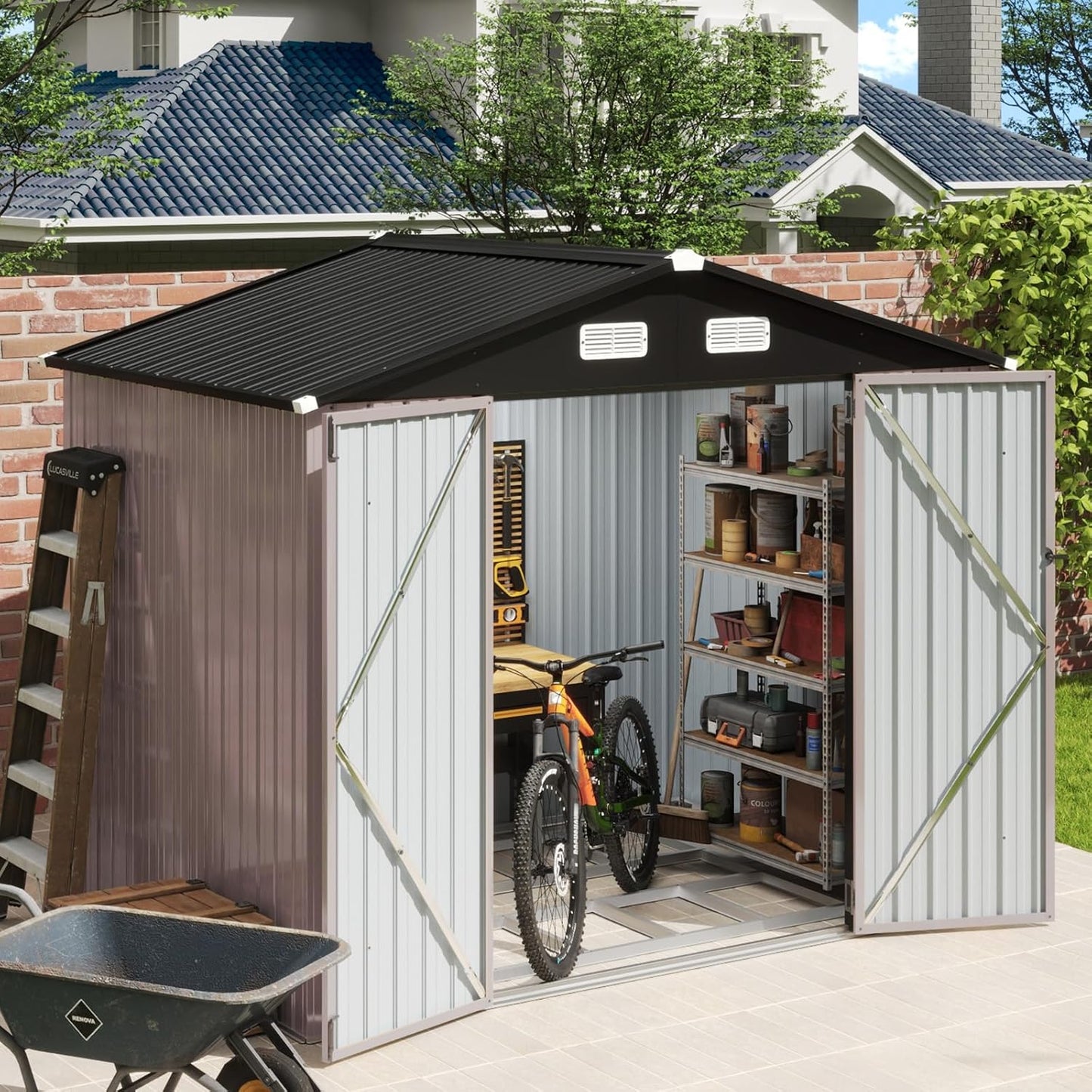 Aoxun 7x5 FT Outdoor Storage Shed with Base Garden Metal Shed with Lockable Door Outdoor Large Shed for Tool, Garbage Can, Bike, Mower, Brown