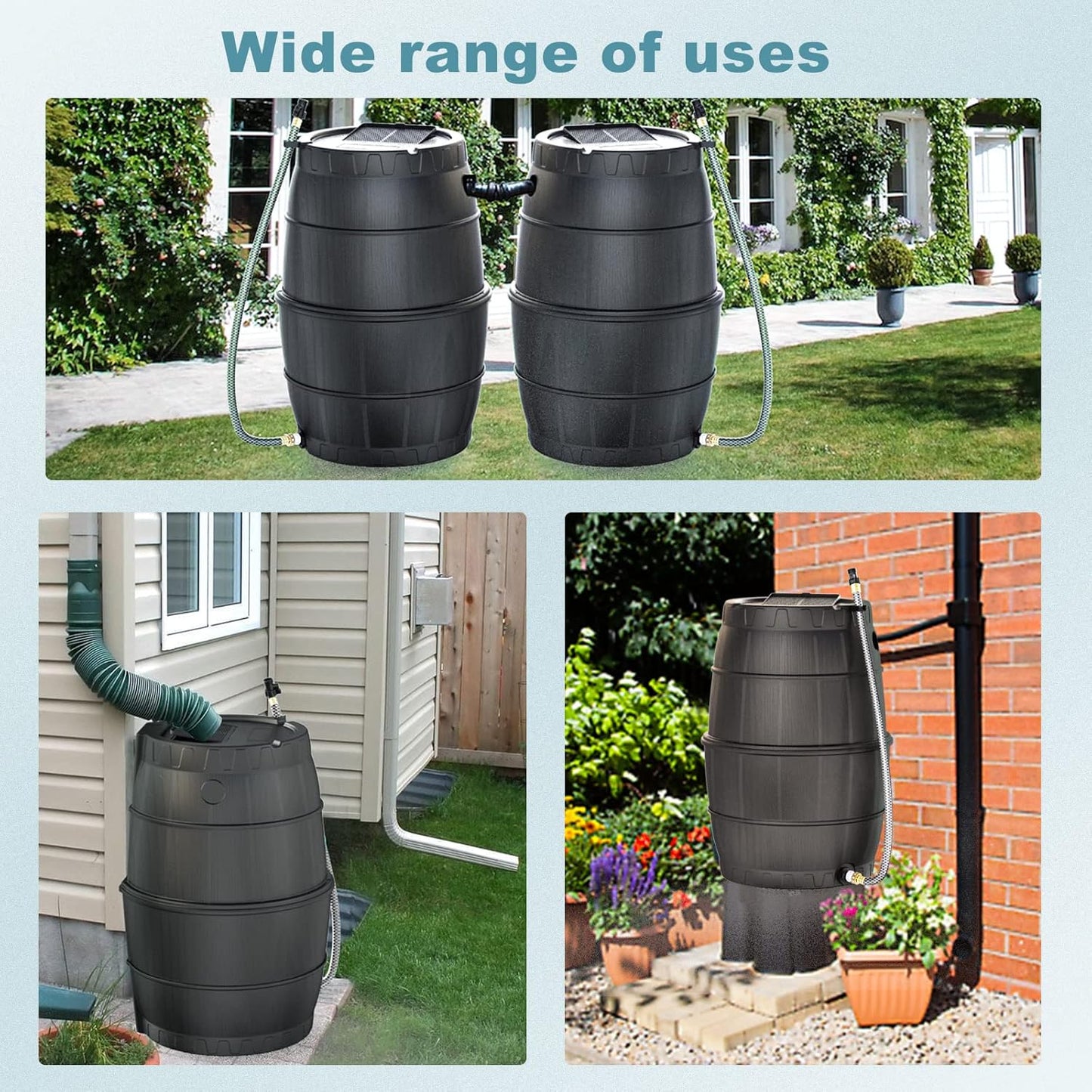 SQUEEZE master 50 Gallon Rainwater Collection Barrel Without Stand-BPA Free Home Rain Catcher with Water Diverter, Outlet Hose-Flatback Designed Water Storage Collection Barrel for Gardens and Plants