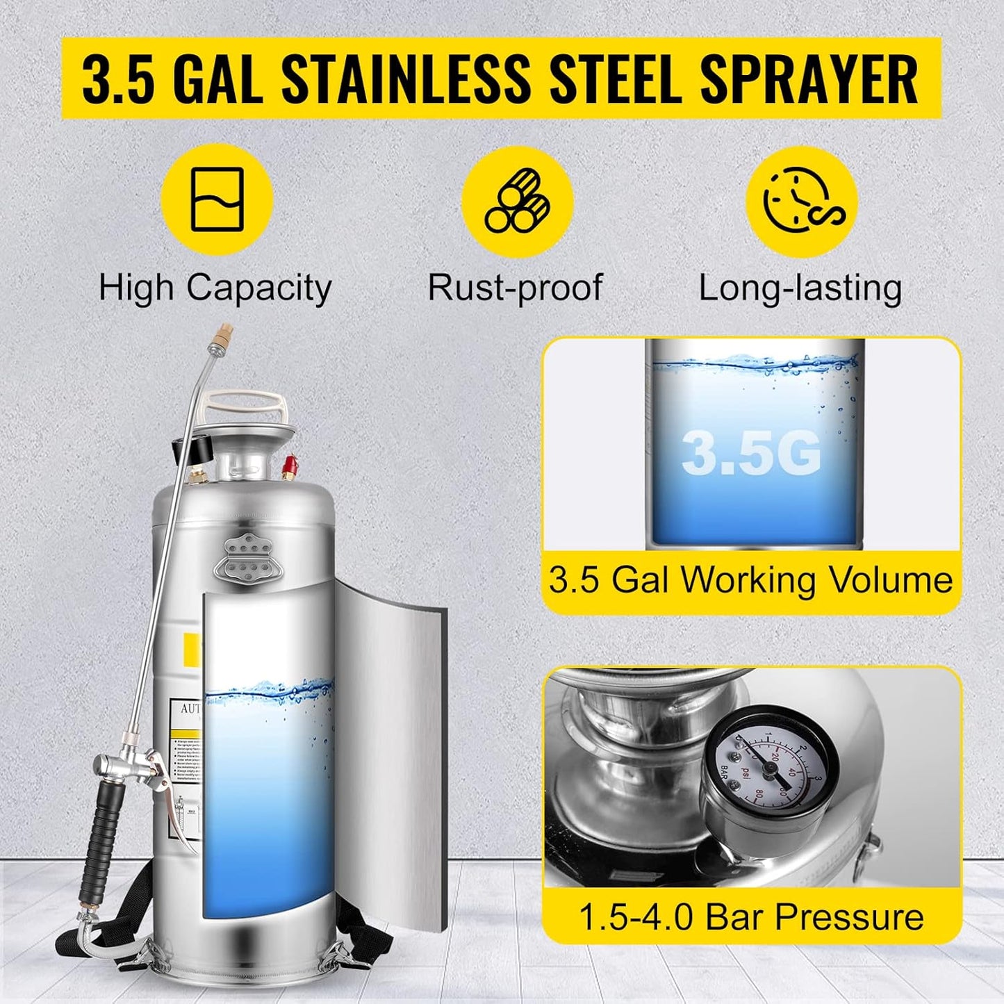 Happybuy 3.5 Gallon Stainless Steel Sprayer, 20" Wand & 3FT Reinforced Hose, Pressure Gauge, Safety Valve&Adjustable Nozzle, Garden Weed Pump Sprayer for Lawn, Gardening