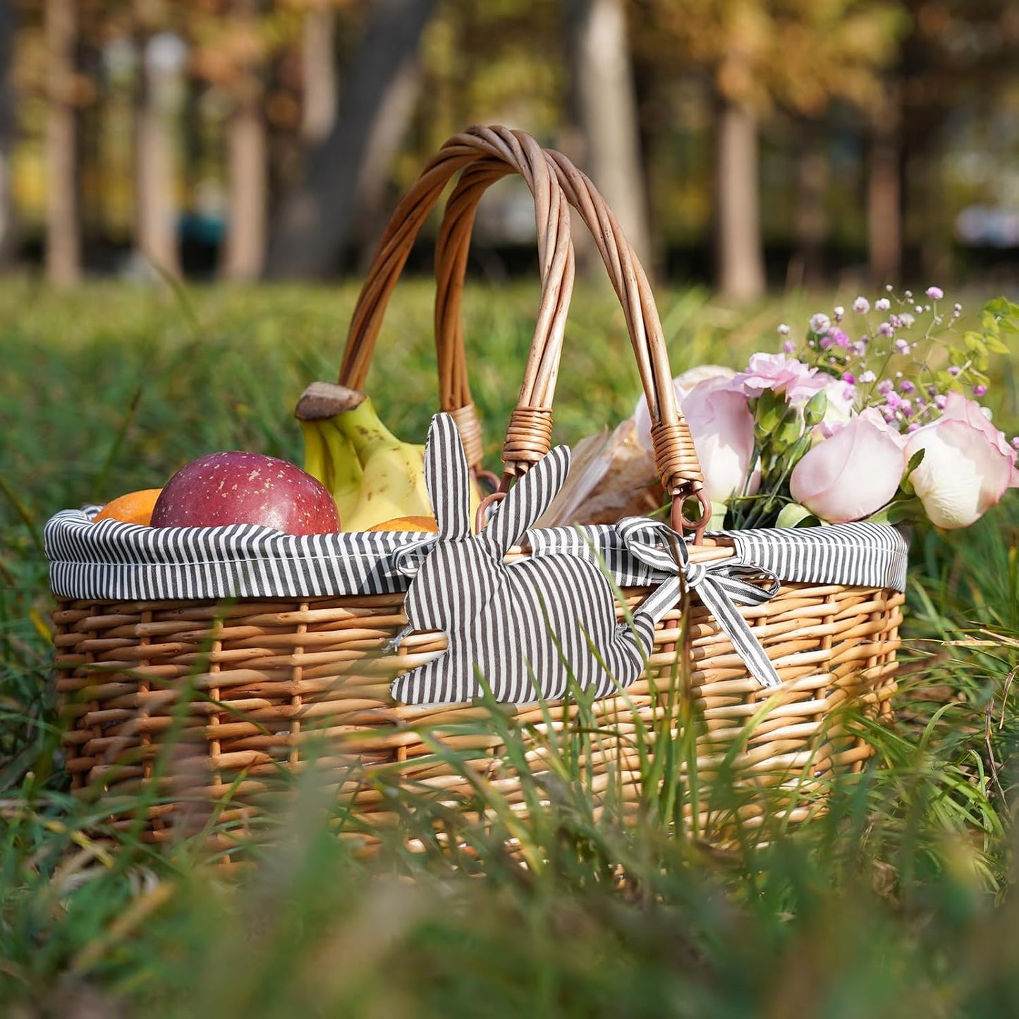 G GOOD GAIN Oval Picnic Basket with Folding Handles, Willow Hand Woven Shopping Basket, Bath Toy Kids Toy Storage Gift Packing Basket, Wicker Empty Easter Eggs and Candy Small Gift Basket. Grey