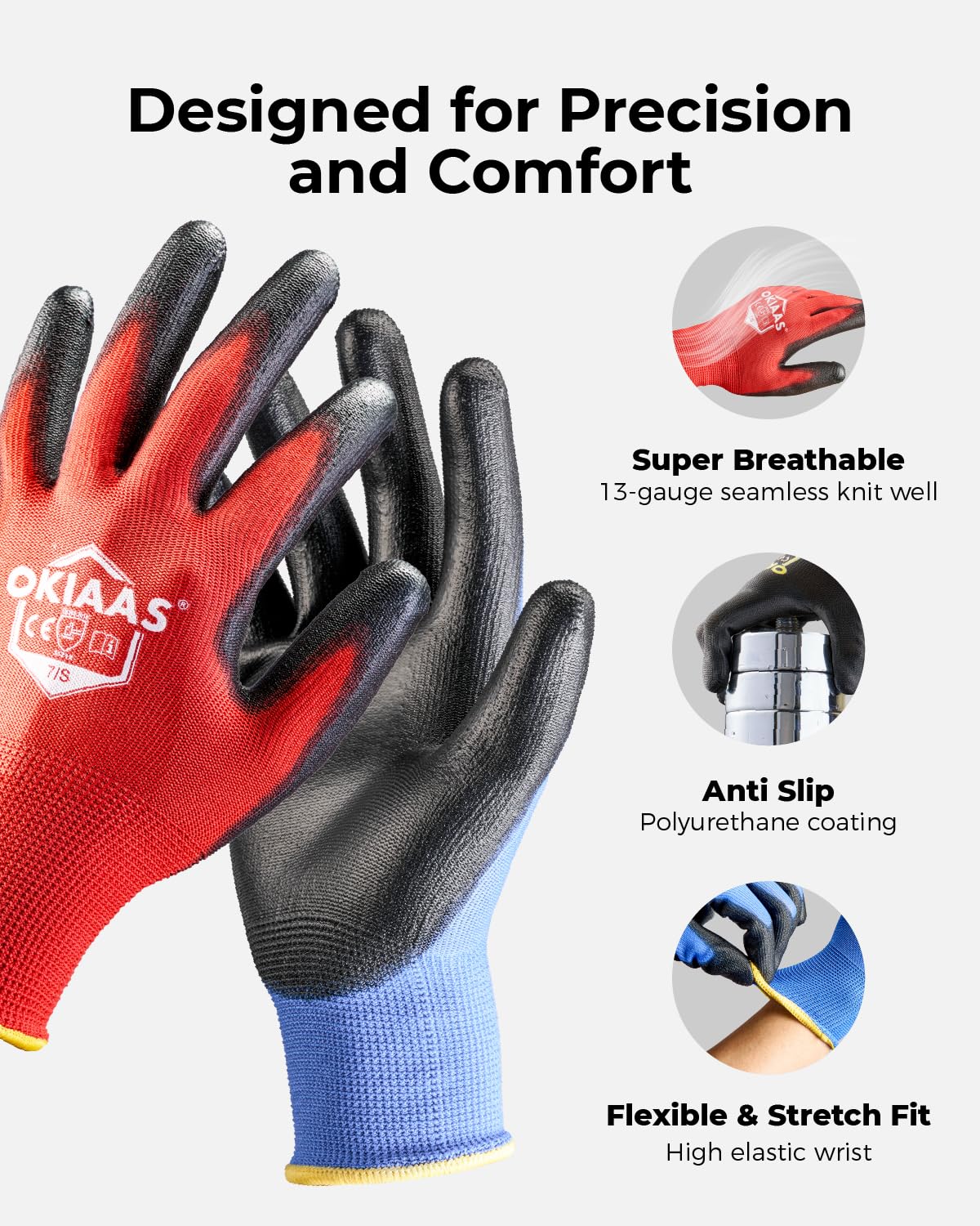 OKIAAS Work Gloves for Men, Ultra Thin and Lightweight with Grip, Bulk Case of 60 Pairs Construction Gloves with Polyurethane Coating, Safety Gloves for Light Duty Work (Black, Small)