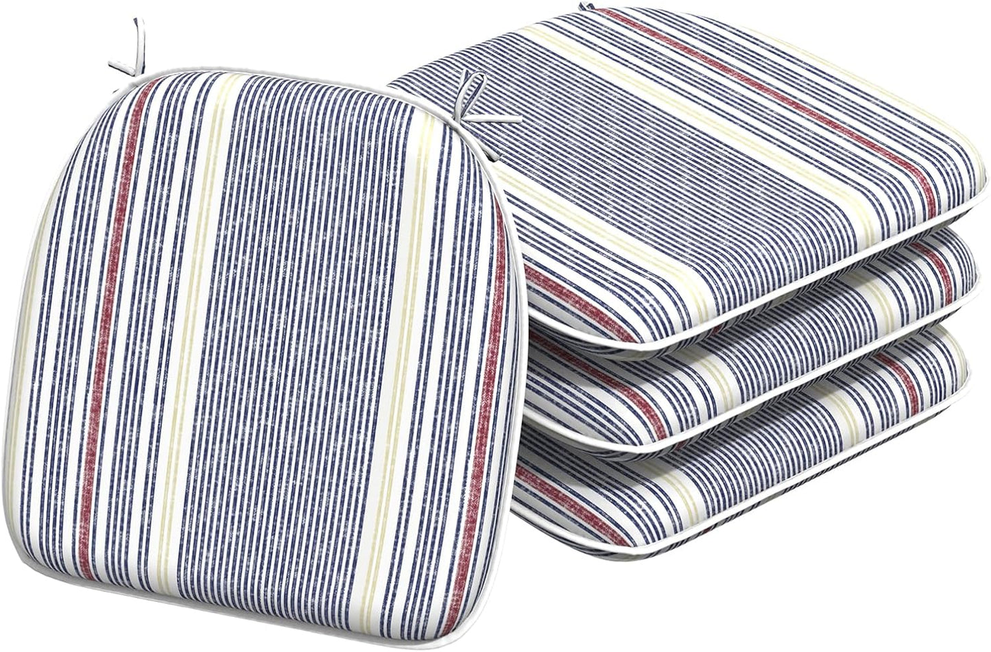 Indoor/Outdoor Chair Cushions 16x17 Inch, Patio Chair Cushions with Ties, All Weather Seat Cushions for Patio Furniture Home Garden Chair Use, Set of 4, Stripe Denim Blue