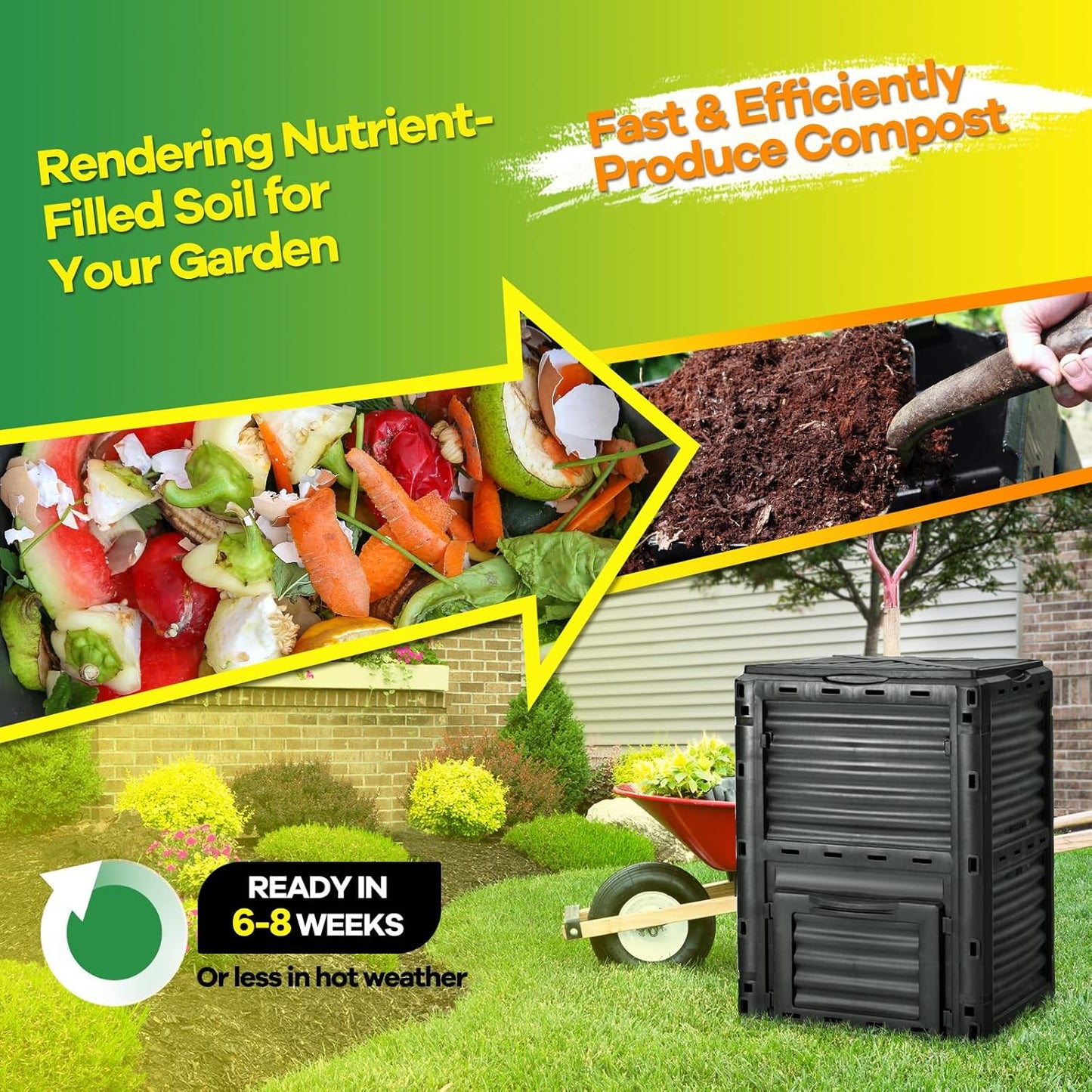 Goplus Compost Bin, 80 Gallon (300 L) Large Outdoor Composting Box w/Top Flip Latch-on Lid, Bottom Exit Door, BPA Free Material, Grass Food Trash Composter Barrel for Garden Yard (Black)