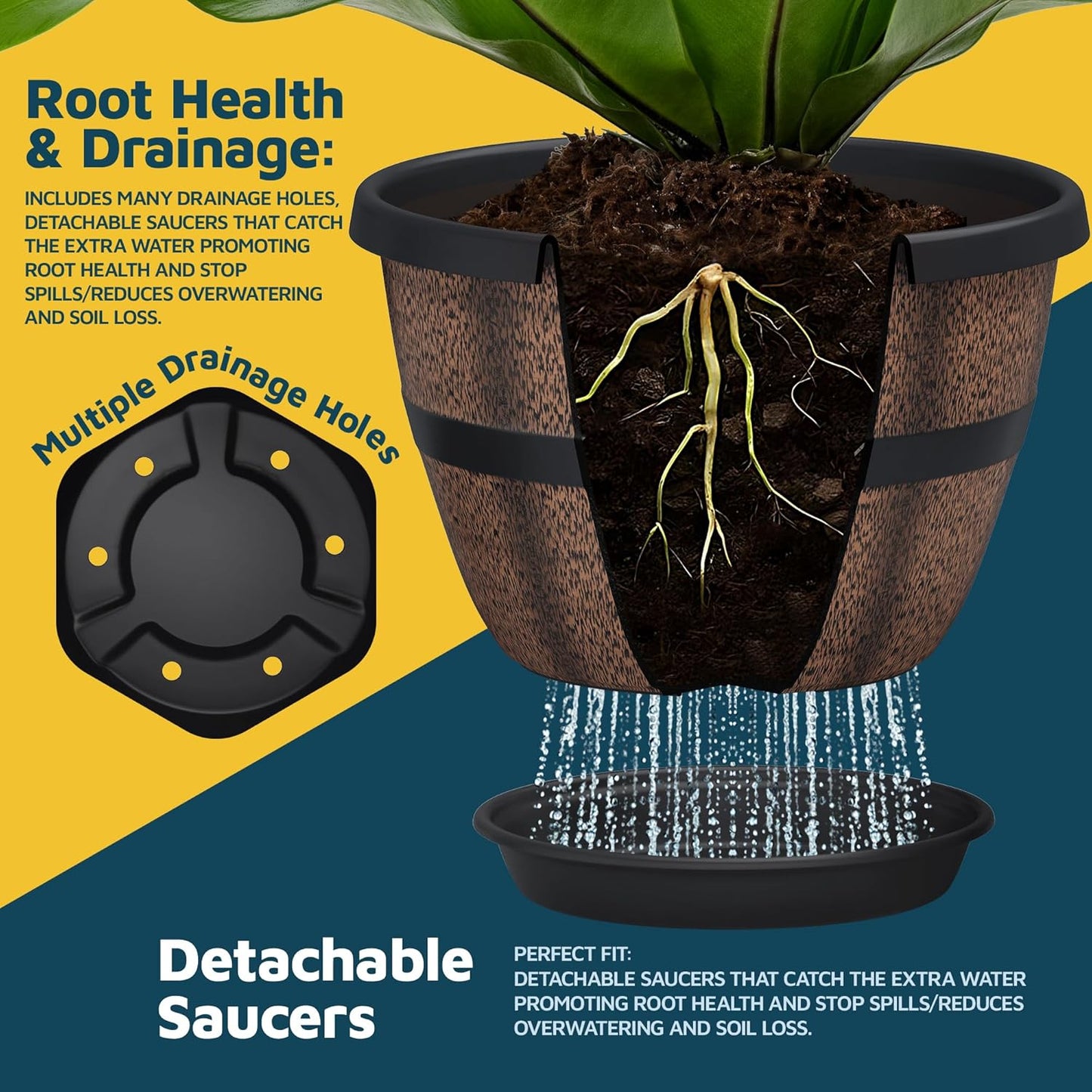 10-Inch Whiskey Barrel Planters Outdoor Pack of 3, Plastic Decoration Plant Pots for Indoor & Outdoor Use with Drainage & Saucer, Rustic Garden Planters for Flowers, Small Plants & Herbs