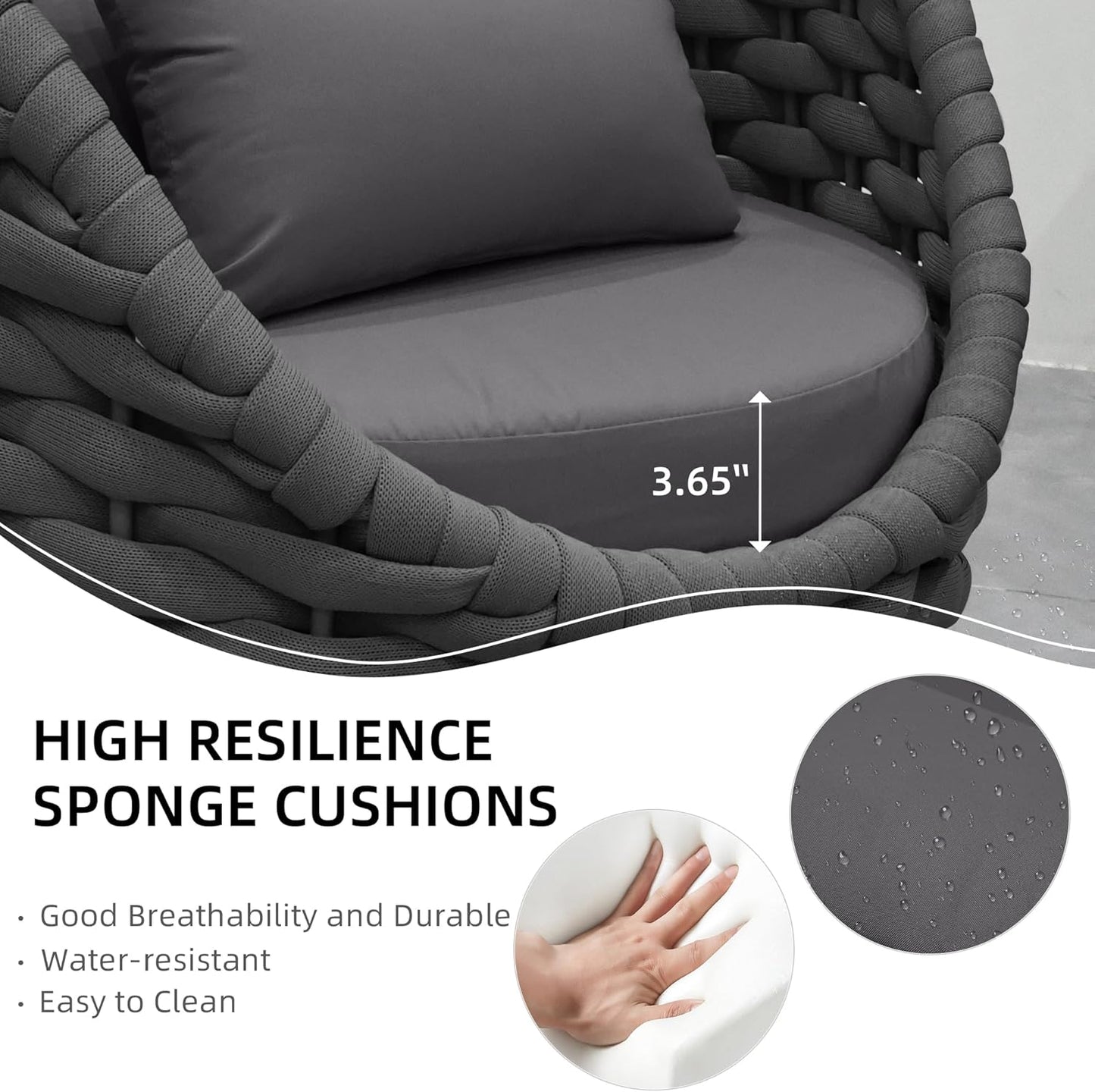 Aluminum Modern Patio Set Three Seater Sofa Outdoor Furniture Set w/Coffee Table,Patio Conversation Set with Hand Woven Teslin Rope for Bedroom Backyard Poolside, Dark Grey