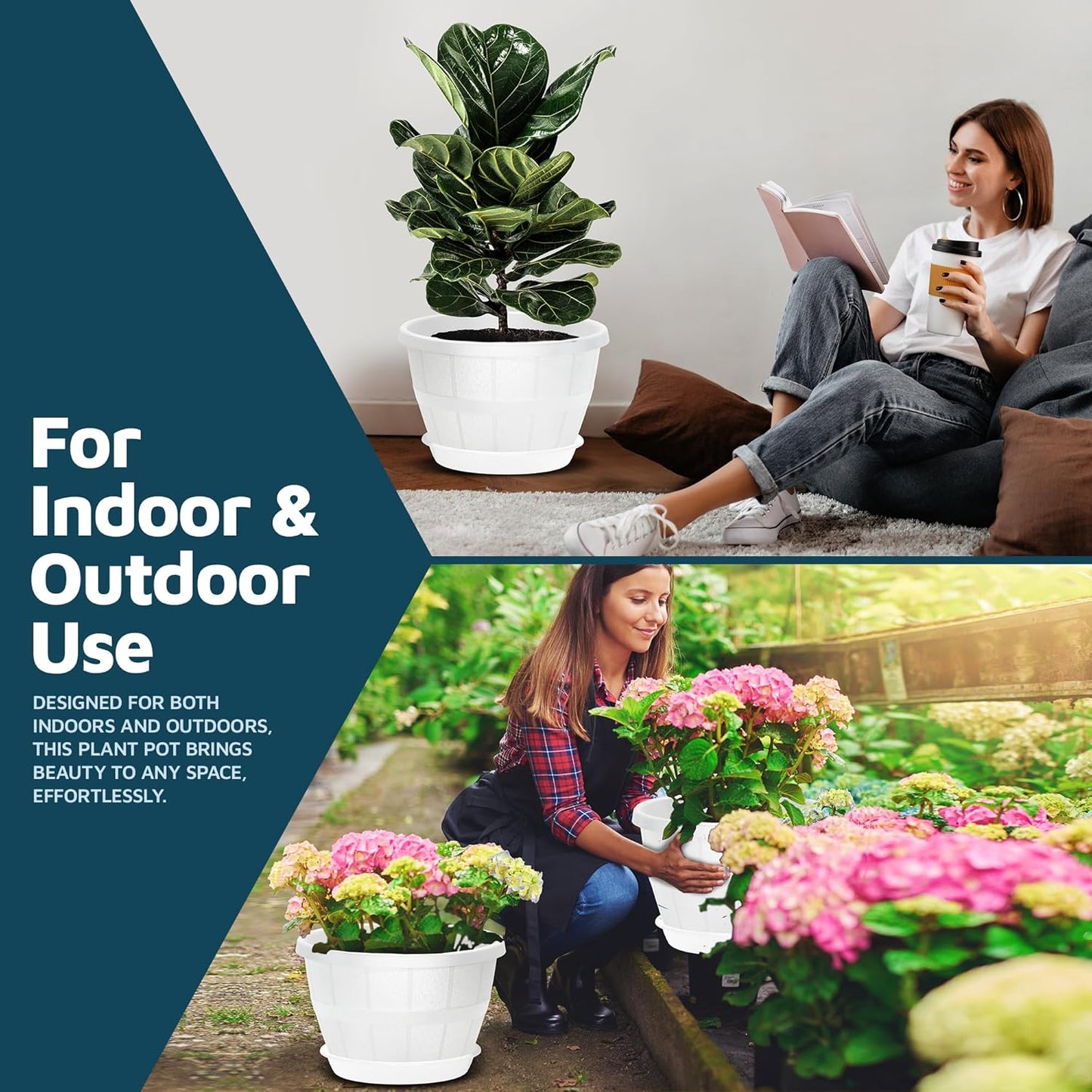 10-Inch Whiskey Barrel Planters Outdoor Pack of 10 - Durable Plastic Plant Pots for Indoor & Outdoor Use with Drainage & Saucer, Lightweight Rustic Barrel Planters for Flowers, Herbs & Small Plants