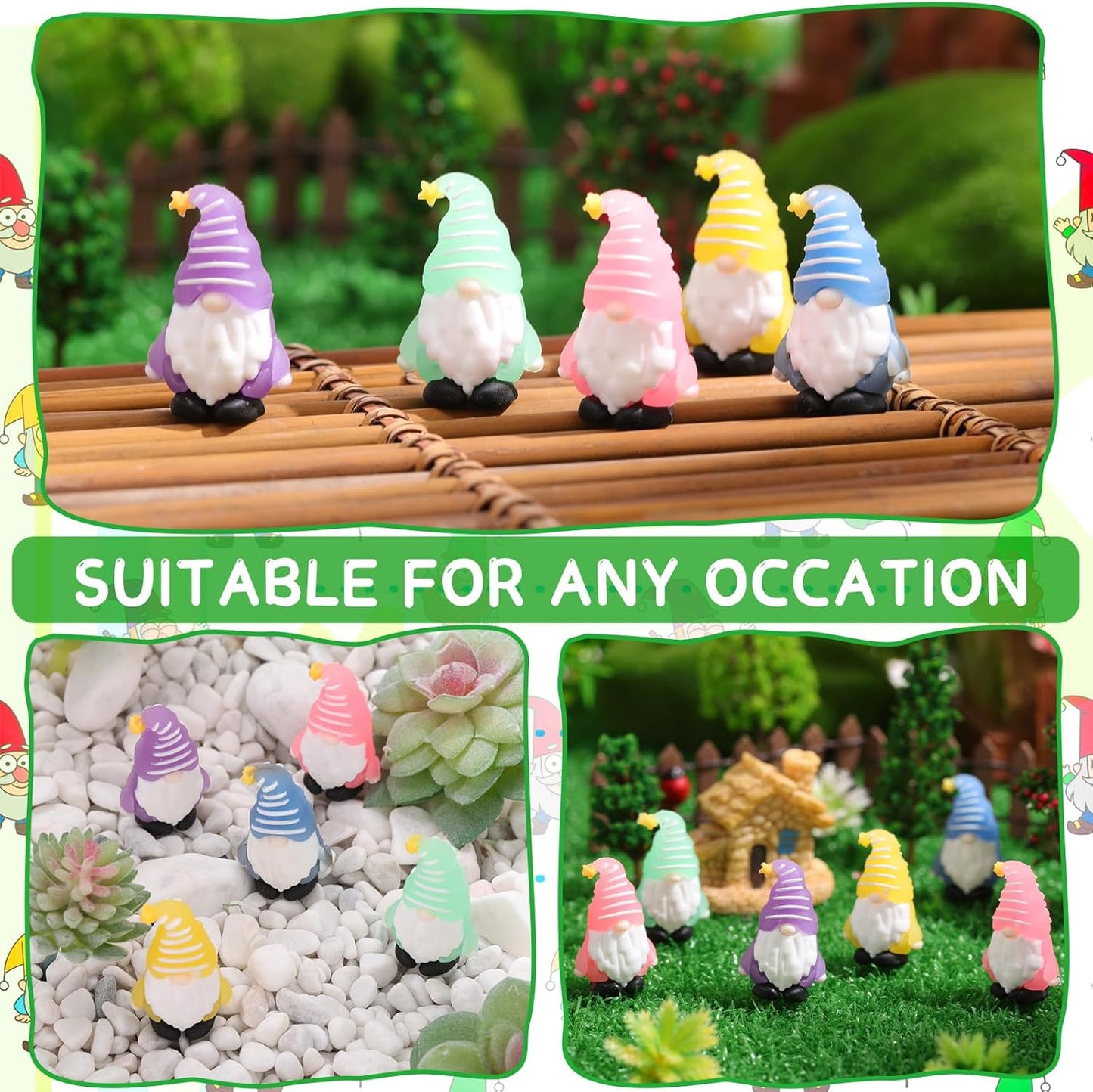 100 Pcs Luminous Mini Gnomes Figurines Fairy Glow in Dark Garden Miniature Gnome Figurines Decor Funny Poses Garden Yard Home Patio Lawn Backyard Hide See DIY Craft