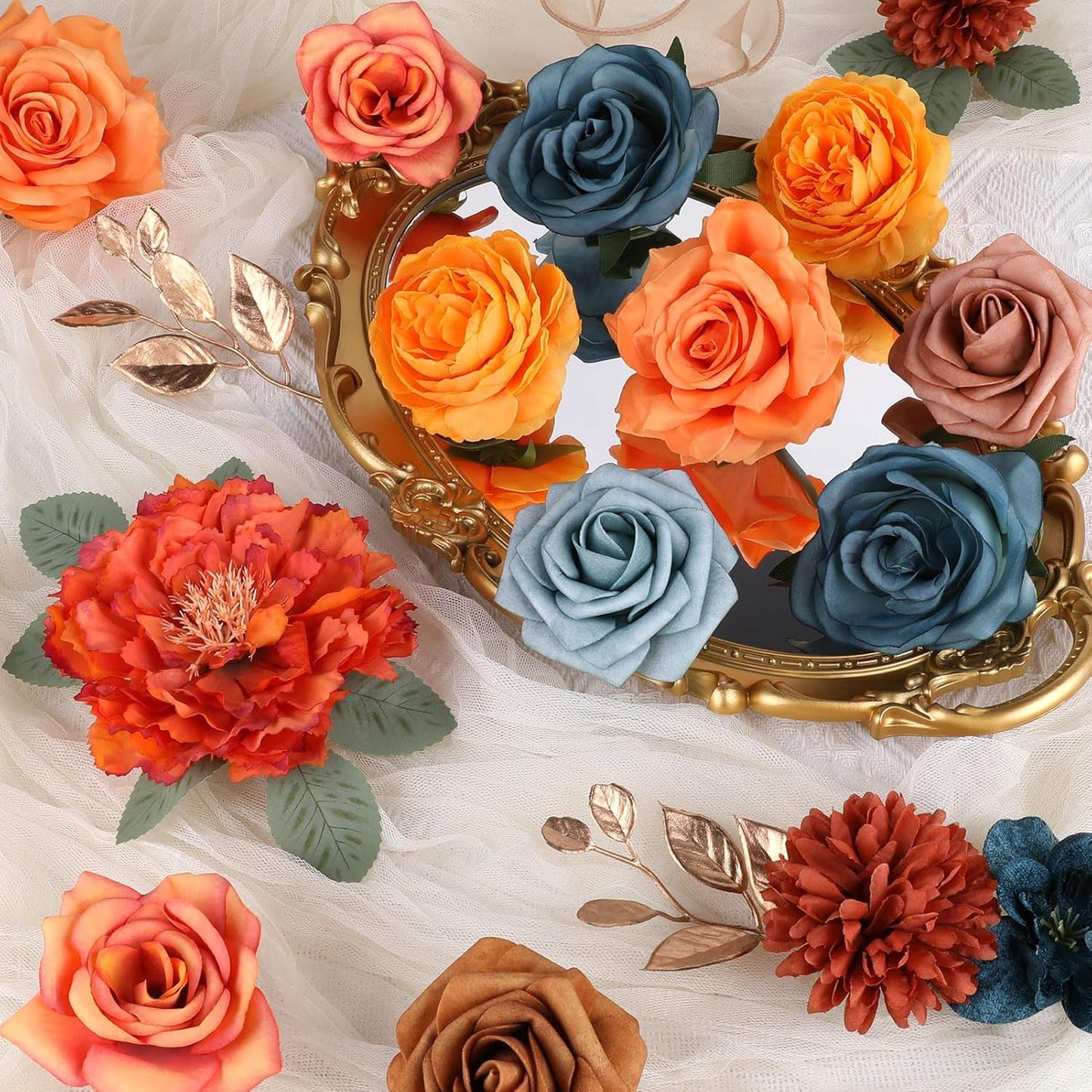 AGIRL Artificial Flowers Combo Silk Mix Purple Fake Flower with Stems for DIY Wedding Bouquets Centerpieces Arrangements Table Chair Decor Baby Shower Home Decor (Teal Orange)