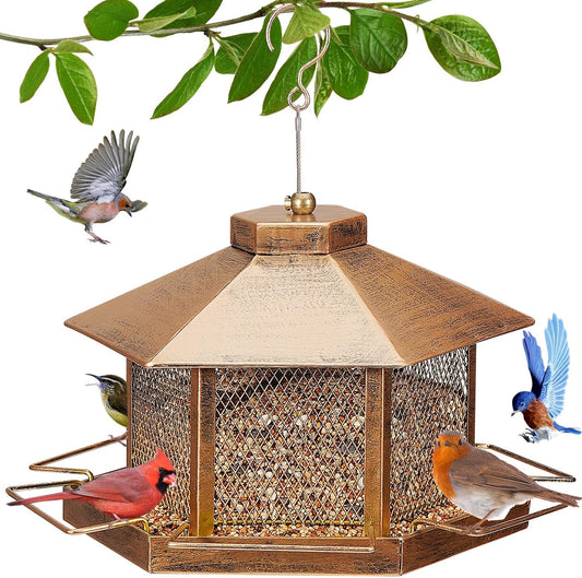 Metal Bird Feeder for Outdoor Hanging, 4.6LB Large Capacity, Garden Decoration - Attracts Wild Birds, Durable Outdoor Bird Feeding Station for Garden Yard Outside Backyard (Extra Large Gold)