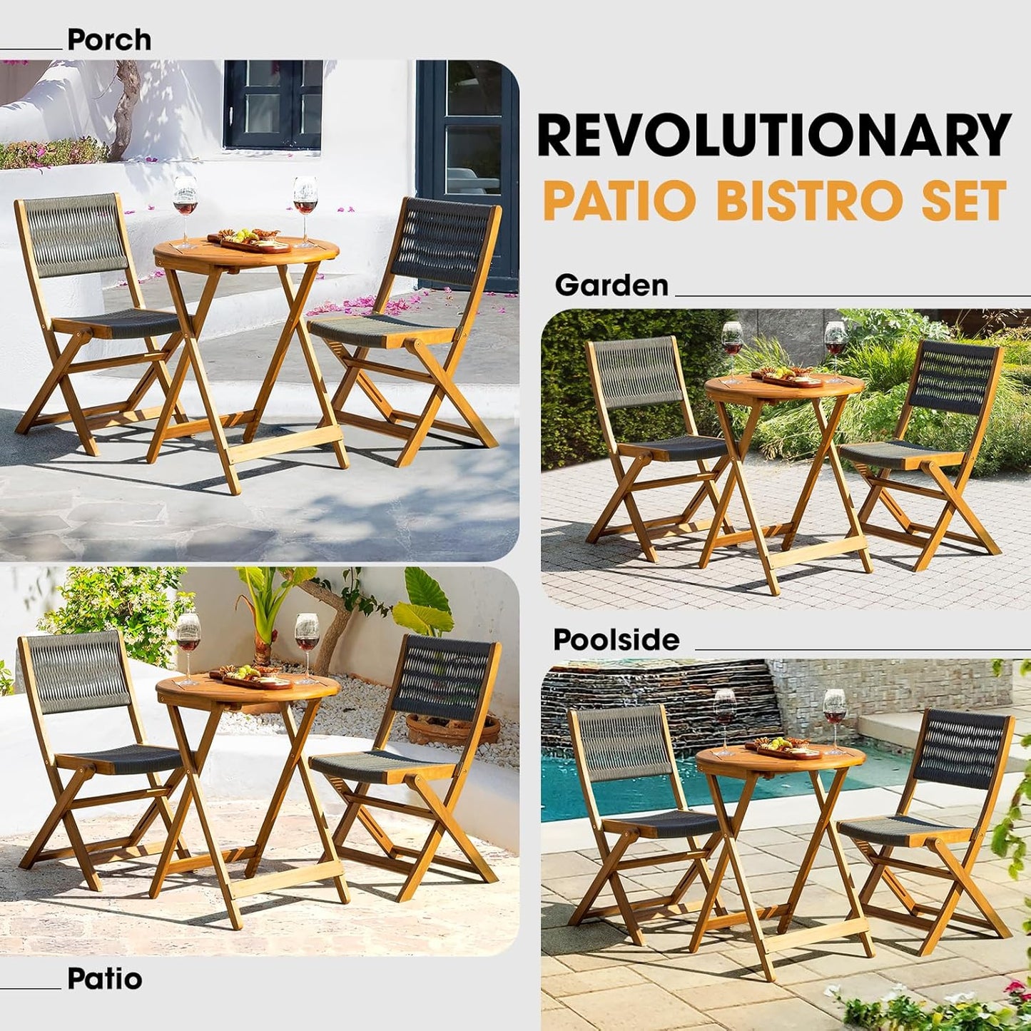 IDZO Wood Rope Design Heavy Duty 400lbs Capacity Patio Bistro Set 3 Piece Outdoor, Grey