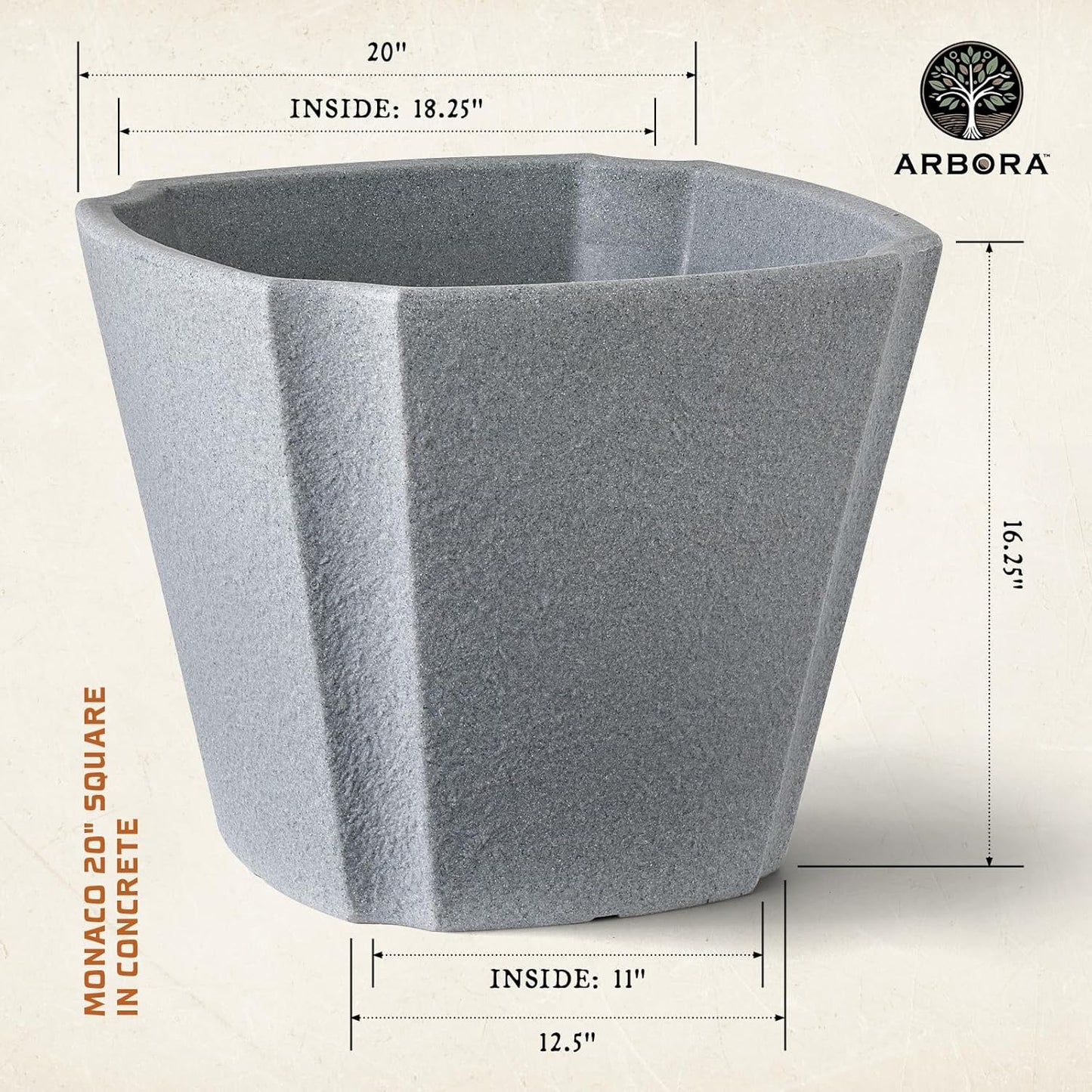 ARBORA 20" Monaco Square Polyresin Indoor and Outdoor Planter with Stone Blend Concrete Gray Finish - Durable, Weatherproof, Lightweight, Large Plant Pot for Patio, Garden, Deck, Entryway