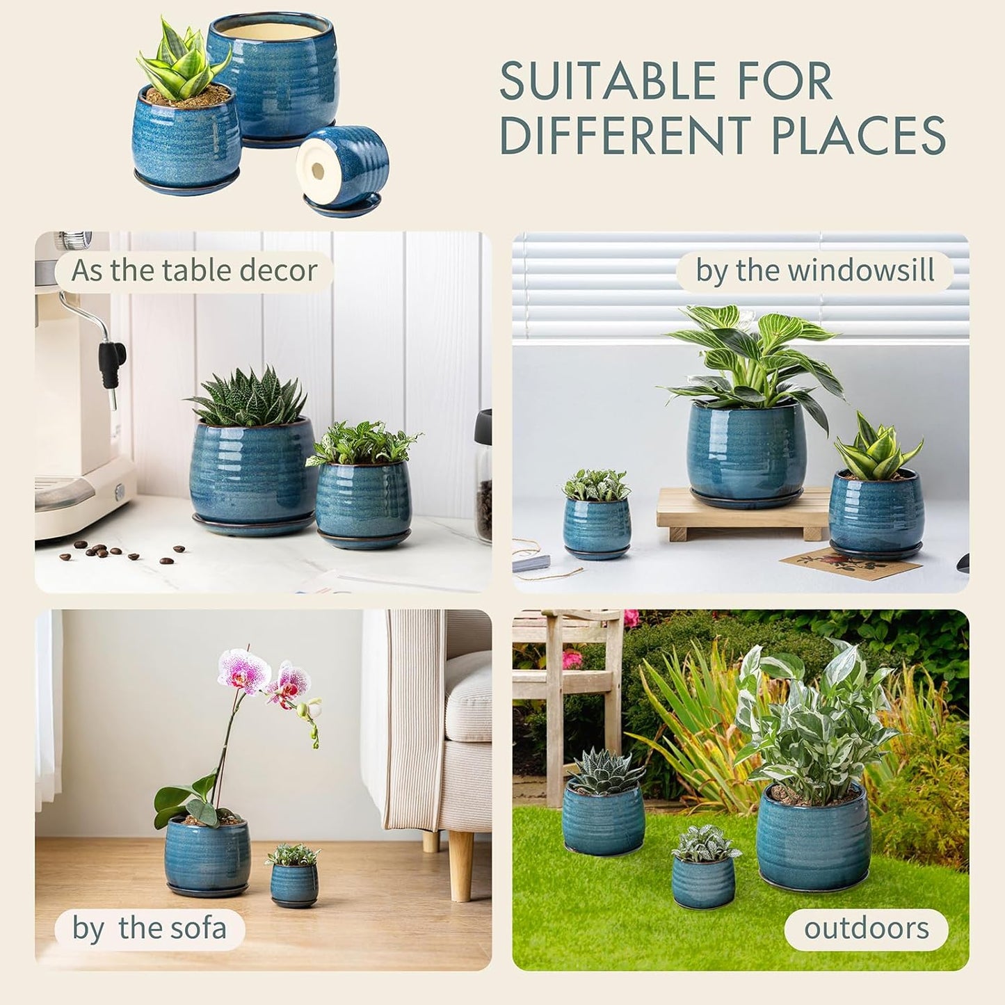 Ceramic Plant Pots with Drainage Holes and Saucers, Indoor Flower Pots for Plants Set of 3, 3.4+4.7+6.1 inch Cute Garden Pots Set for Succulent and Money Tree, Gift for Housewarmings, Blue