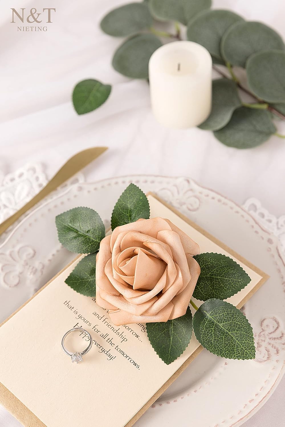 N&T NIETING Artificial Flowers, 25pcs Foam Roses Fake Flowers for DIY Wedding Bouquet Party Baby Shower Decoration, Home Display, Dusty Brown