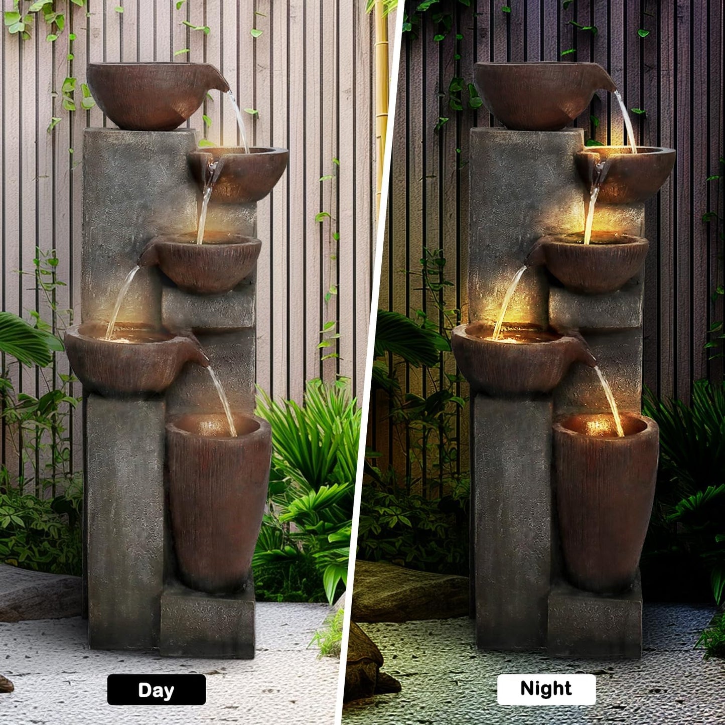 Naturefalls 39.7in.Modern Outdoor Fountain -5-Tier Resin Water Feature, Indoor Outdoor Garden Waterfall Fountain with Contemporary Design&LED Lights for Patio, Yard, Deck, House, Office, Home Decor