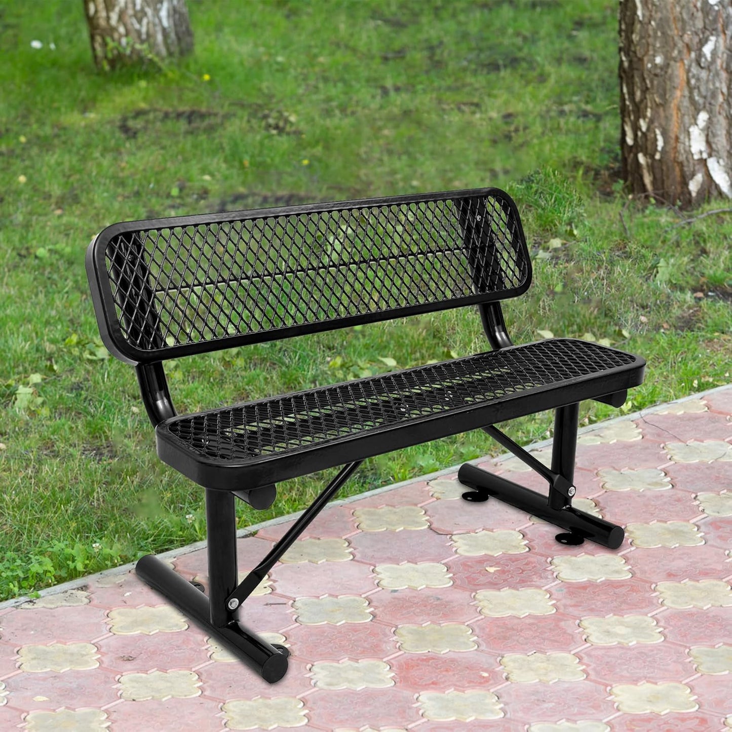 4FT Outdoor Steel Bench with Backrest - Heavy Duty Metal Park Bench, Coated Outdoor Furniture Patio Bench with Back, Commercial Benches for Garden, Porch, Shopping Malls, Stores,Decks and Park
