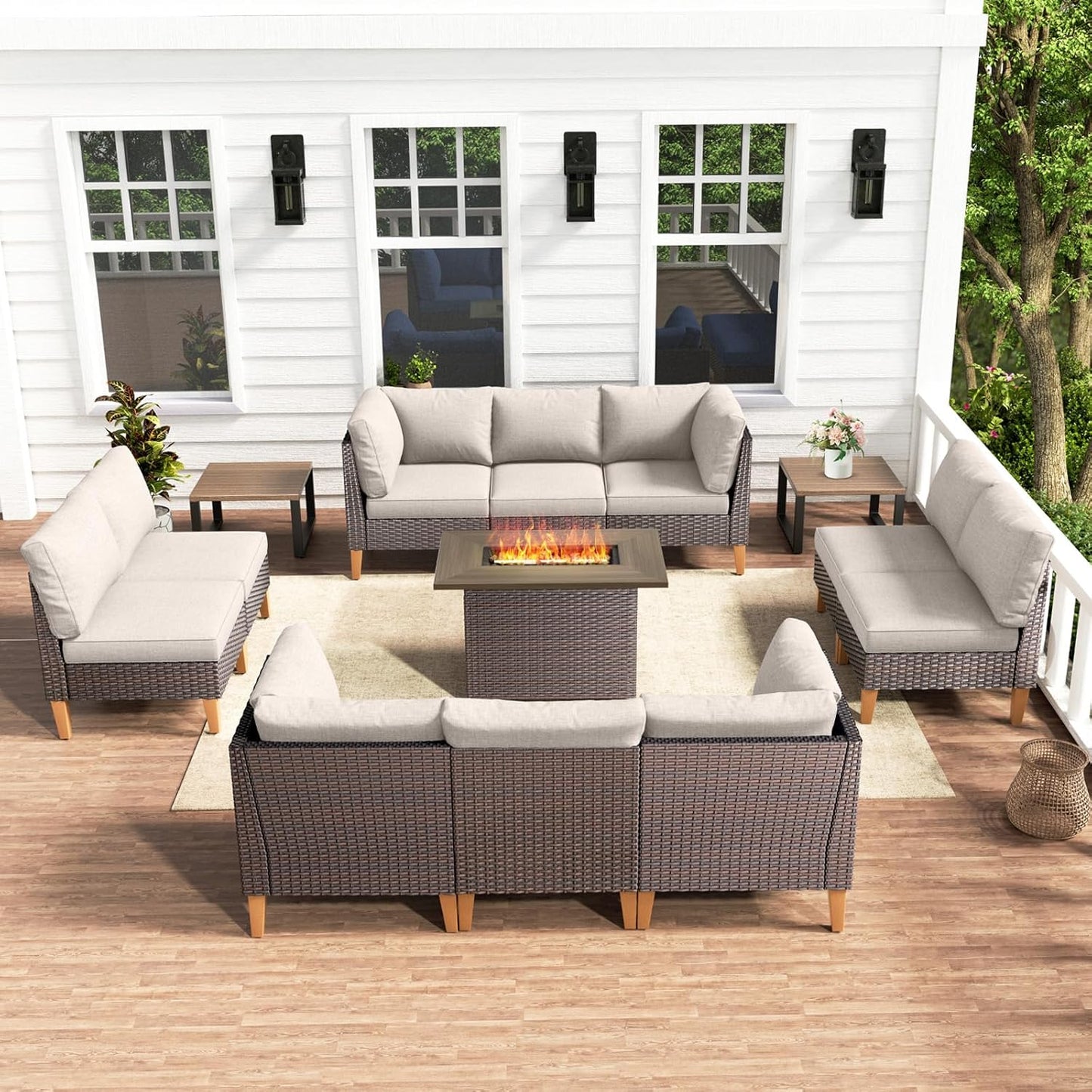 HUMMUH Patio Furniture Set with Fire Pit,Outdoor Modular Sectional Couch Loveseat Chairs with Table,All Weather PE Wicker Patio Conversation Sets for Deck Porch Backyard