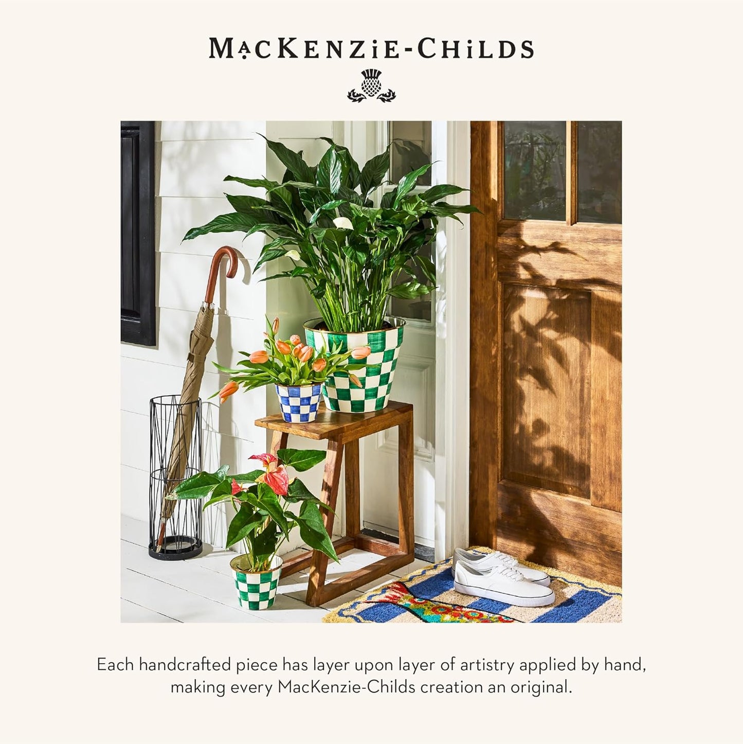 MACKENZIE-CHILDS Enamel Garden Pot, Decorative Pot for Plants, Outdoor Flowerpot Decor, Small, Green-and-White Emerald Check