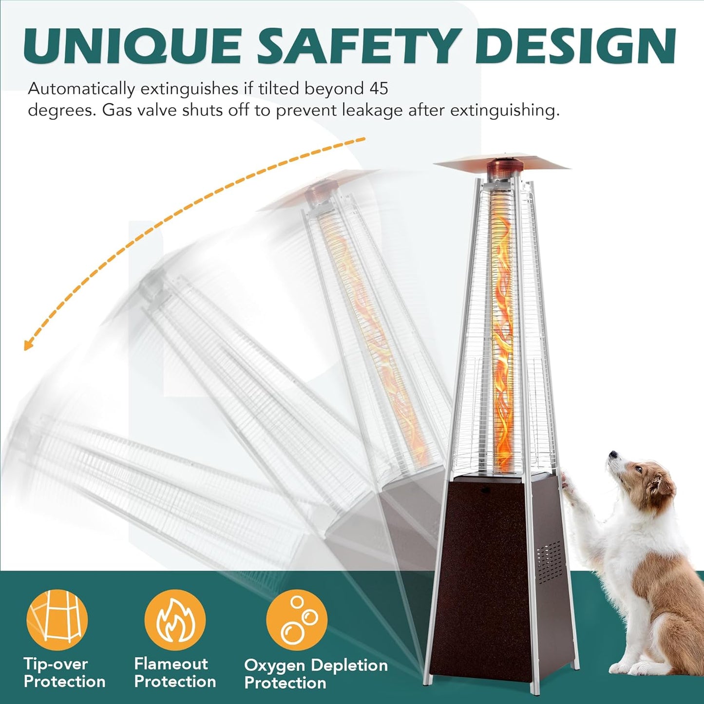 48,000 BTU Flame Pyramid Pool Heater, Triple Safety Protection Portable Patio Heater with Patio Cover, Warm Glass Tube with Durable Wheels-Brown