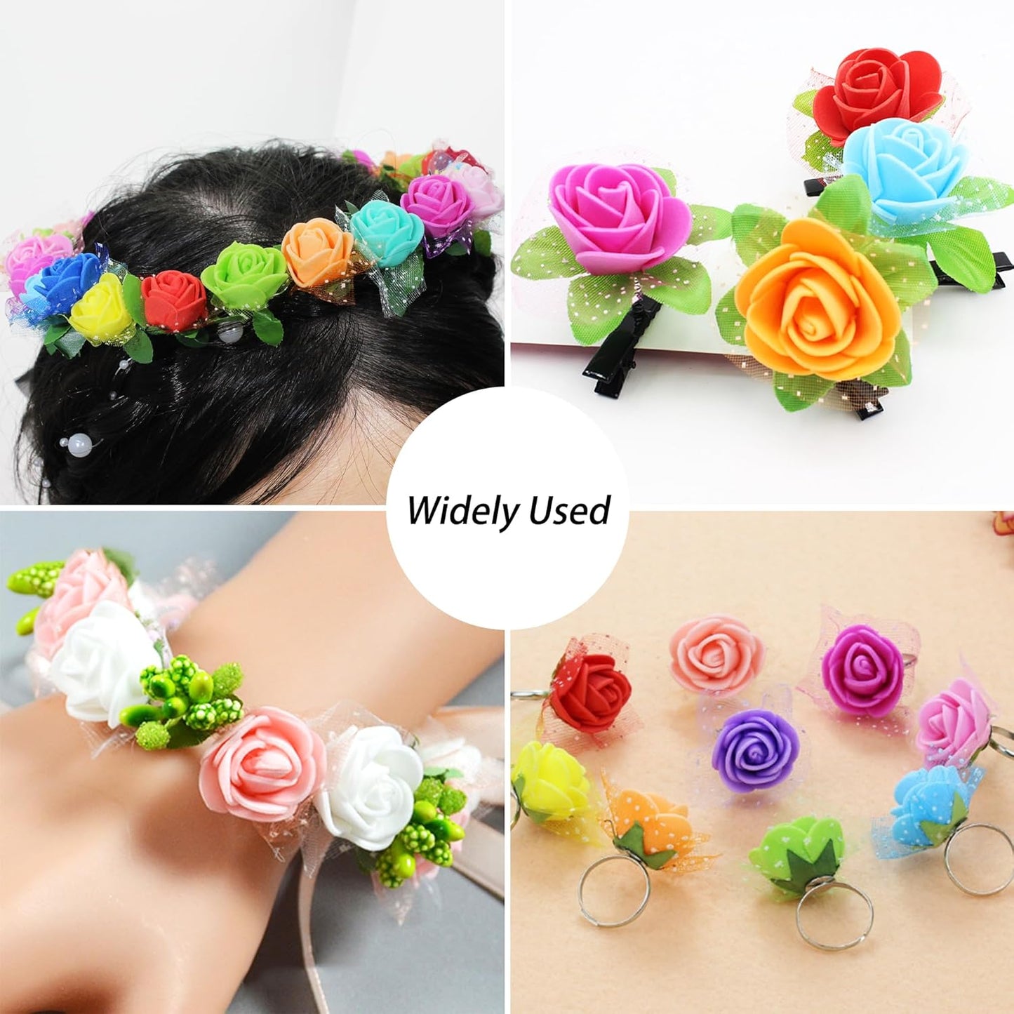 500 Pcs 0.6 Inch Mini Artificial Flowers Head Bulk 5 in 1 Set Faux Foam Fake Small Rose Tiny Baby Flores Bouquet Wreath Gift Hair Clip Home Decoration DIY Craft (Green)
