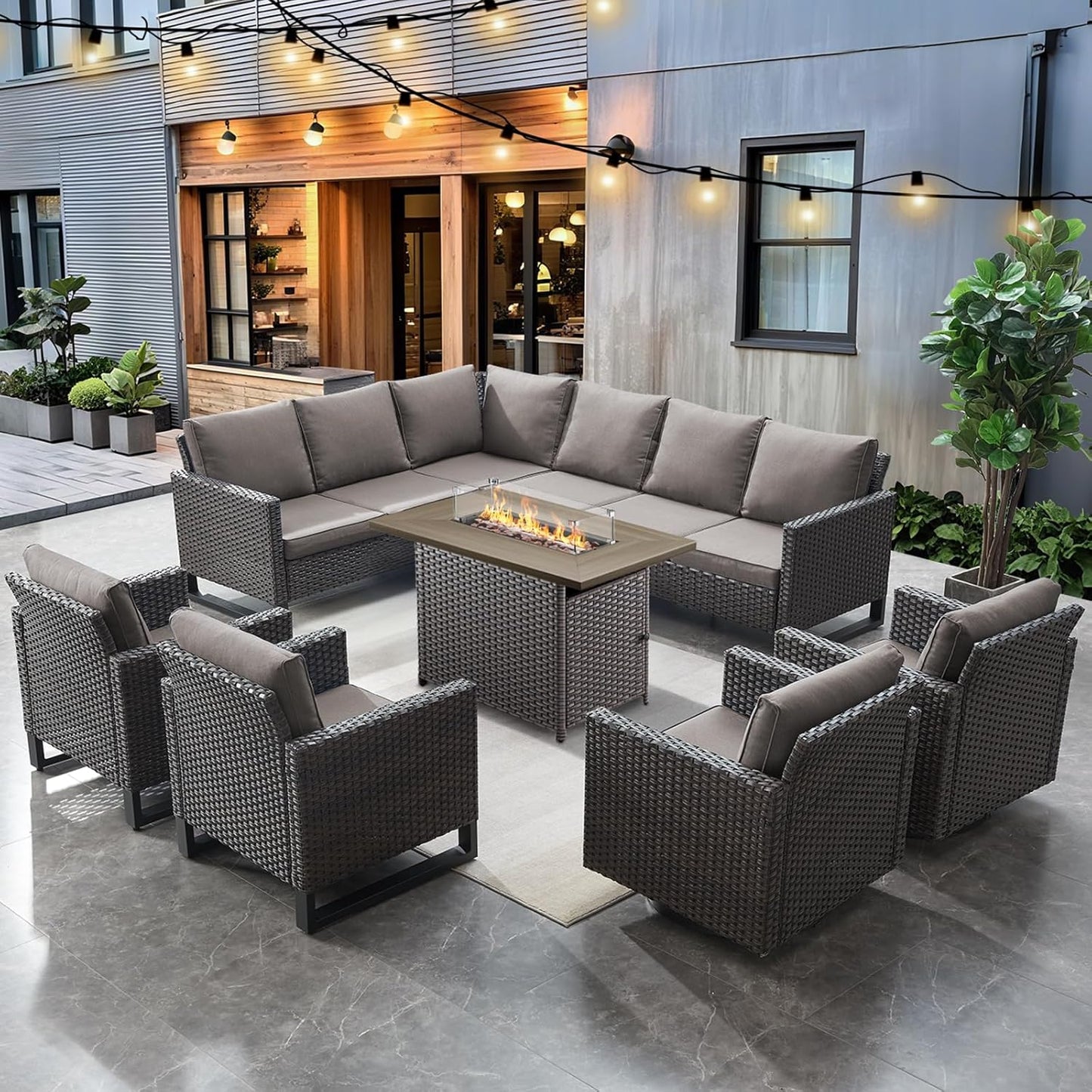 HUMMUH 8 Piece Patio Furniture with Fire Pit,PE Wicker Outdoor Conversation Sets-6-Seater Sofa,Patio Swivel Chairs Outdoor Chairs, Propane Fire Pit,Side Table for Porch,Garden,Backyard(Brown/Grey)