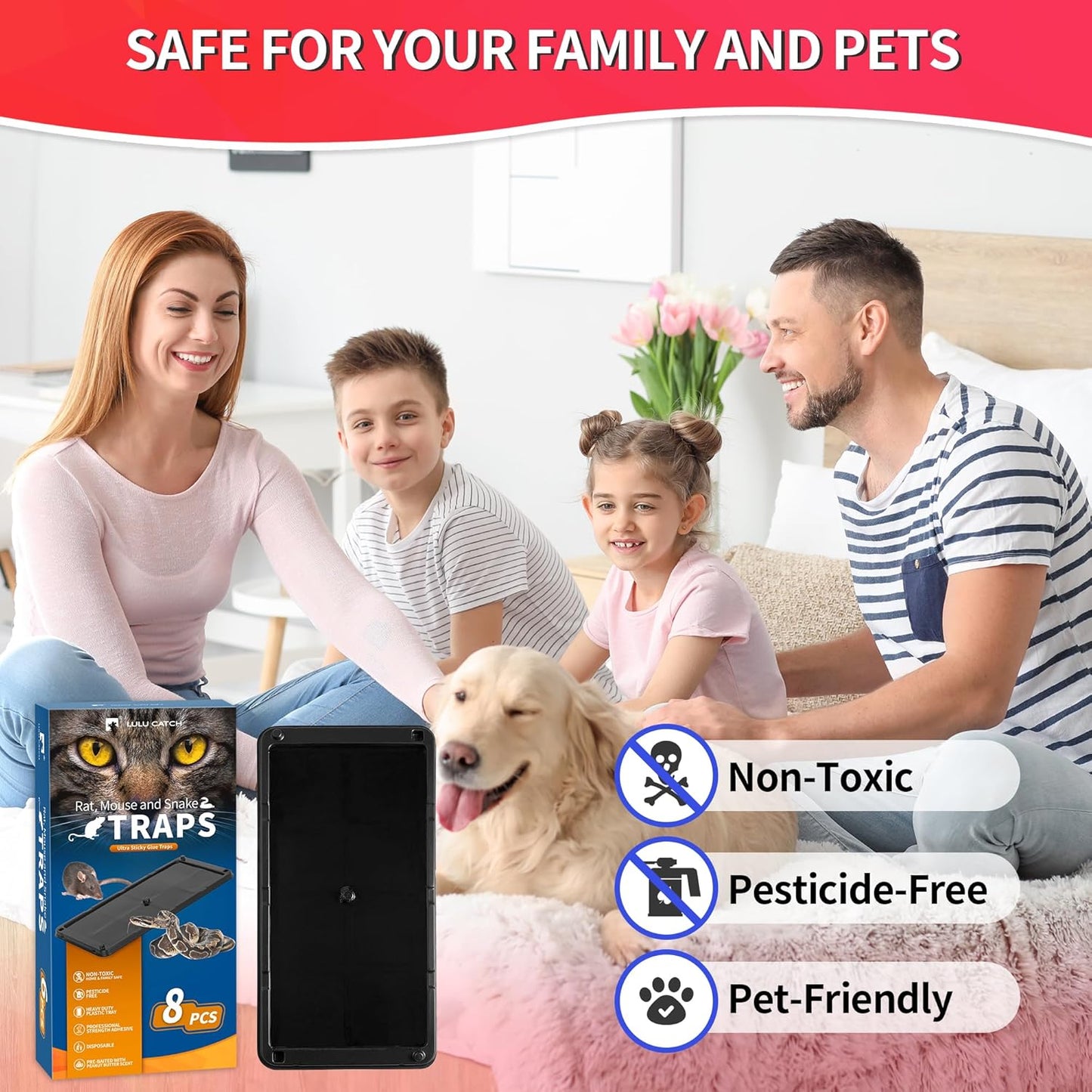 LULUCATCH Glue Mouse Traps Indoor for Home 8 Pack, Pre-Baited Sticky Plastic Glue Boards for House, Snake, Lizard, Insect, Mice, Rats & Spider Traps, Pet Safe Pest Control