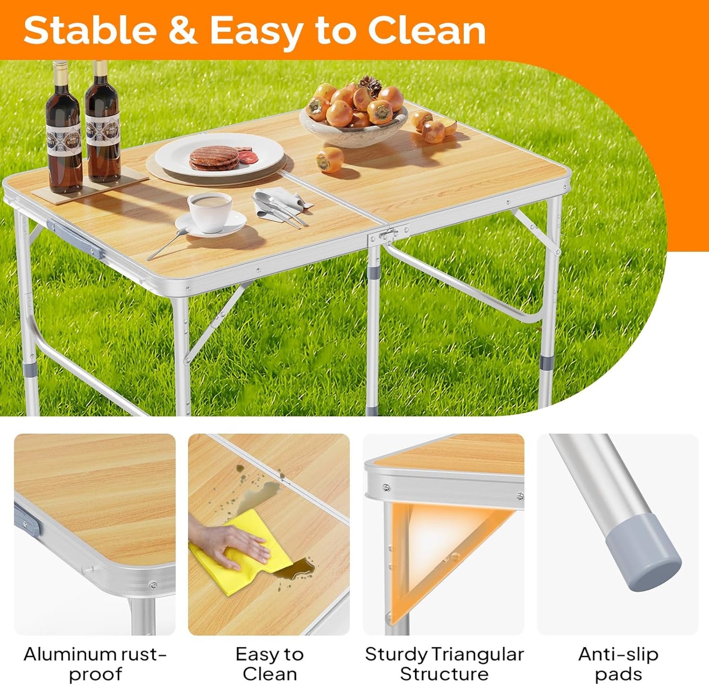 VINGLI 3FT Small Camping Table Adjustable Height Aluminum Folding Table for Picnic Party BBQ, Plastic RV Suitcase Table Portable Lightweight Fold Up Utility Outdoor Tables with Carrying Handle …