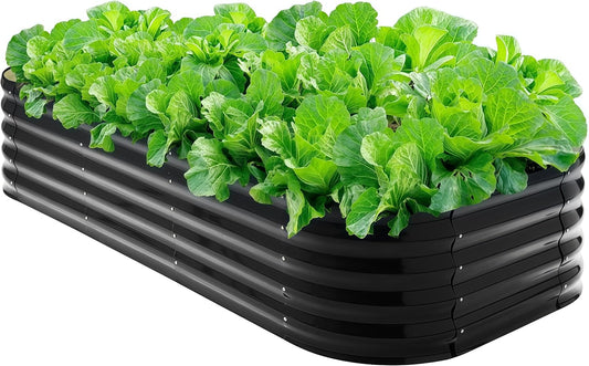 Galvanized Steel Raised Garden Bed 8x2ft Oval - 17" Tall 9-in-1 Modular Planter Box for Vegetables/Flowers, Rust-Proof Metal Outdoor Planters Rubber Edging (Black)
