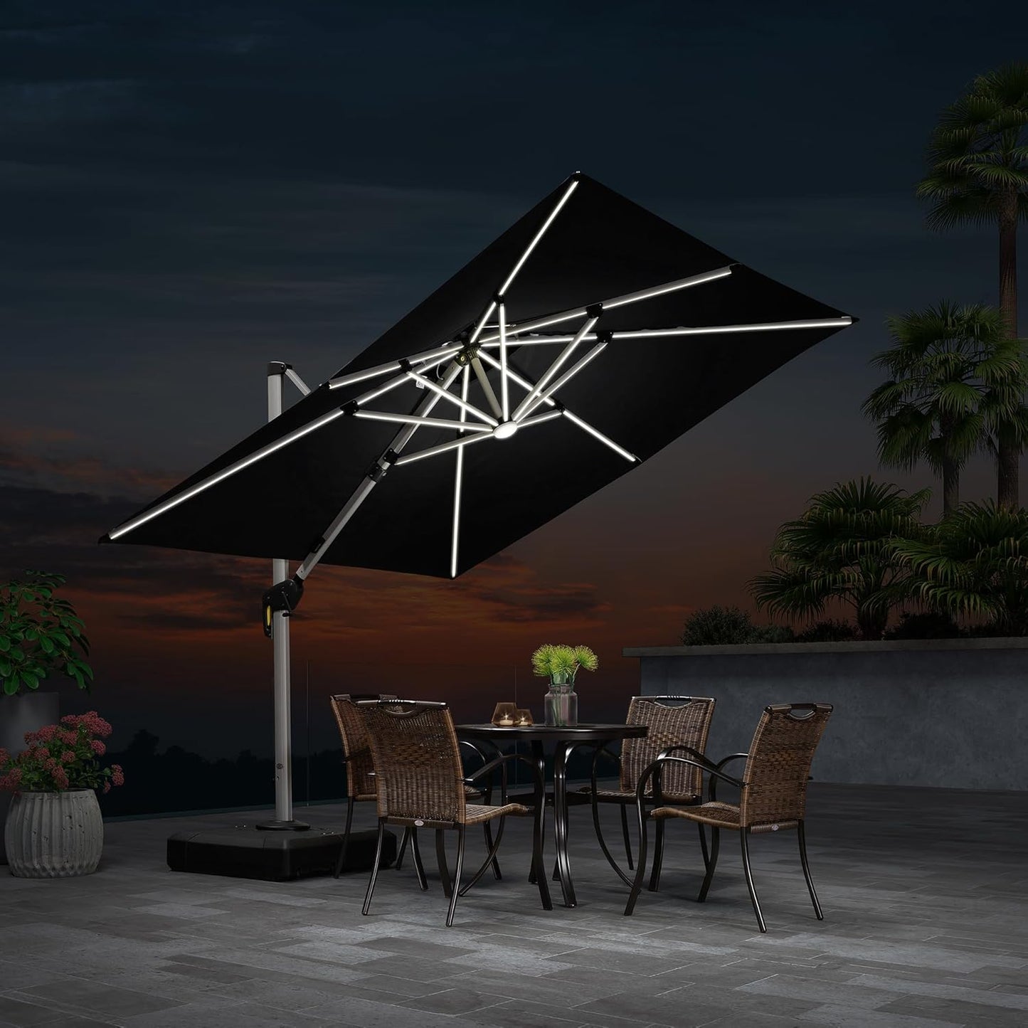 PURPLE LEAF 9 Feet Double Top Deluxe Solar Powered LED Square Patio Umbrella Offset Hanging Umbrella Outdoor Market Umbrella Garden Umbrella, Black