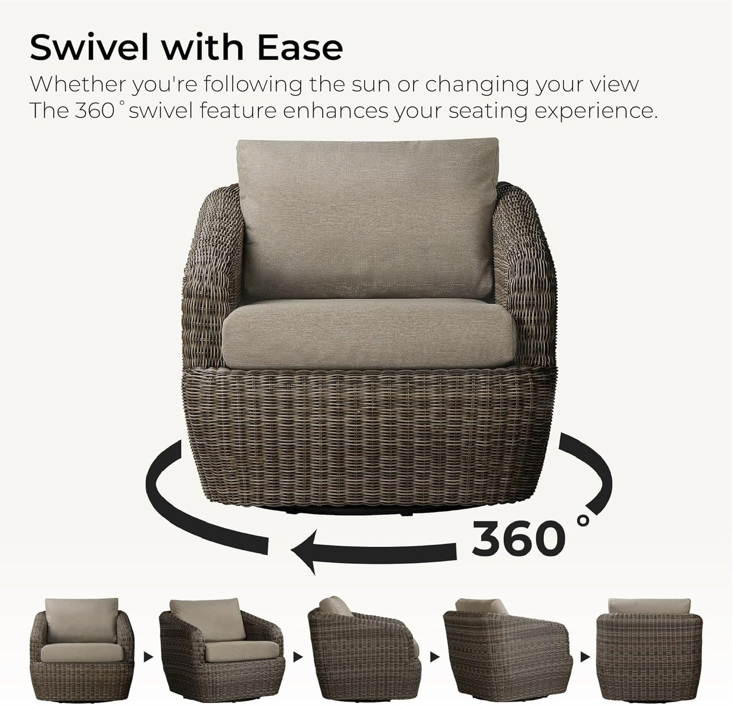 CHITA Patio Wicker 360° Swivel Chair with Removable Cushion, Backyard Rattan Chair for Sunrooms, Patios, Decks, Fully Assembled(Gray Cushions with Brownish Gray Wicker)
