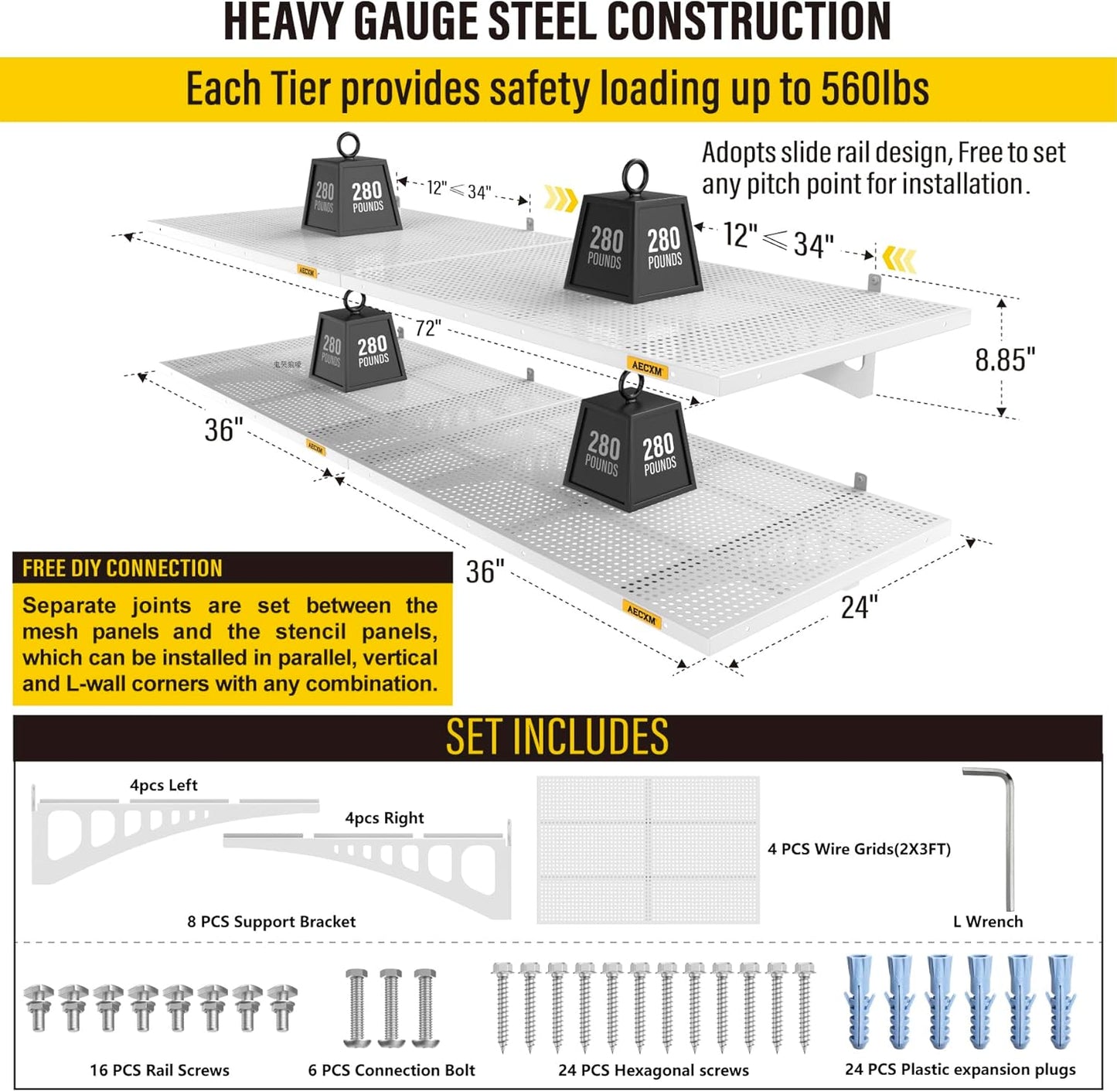 4-pack 2x3ft Adjustable Garage Wall Shelving 1120lbs Load Capacity Heavy Duty Wall Mounted Storage Shelf Metal Floating Shelves for Garage(White)