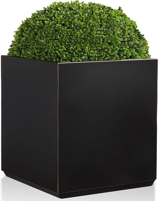 Metallic Heavy Cube Planter Box, No Assemble, Seamless Large Square Planter for Trees, Plants and Flowers 21”Lx21”Wx24”H 35Pounds Black with Hand Brushed Gold Rim