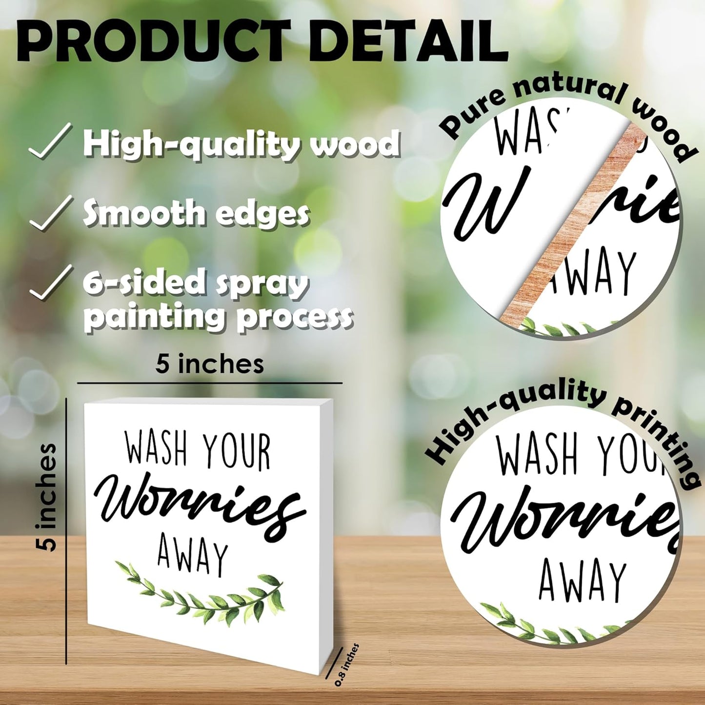 Wash Your Worries Away Wooden Block Sign - 5" Leaves Wooden Plaque Tabletop Decor - Rustic Farmhouse Wood Sign Gifts For Friends Family Coworker- Bathroom Toilets Desk Decor & Supplies -B17