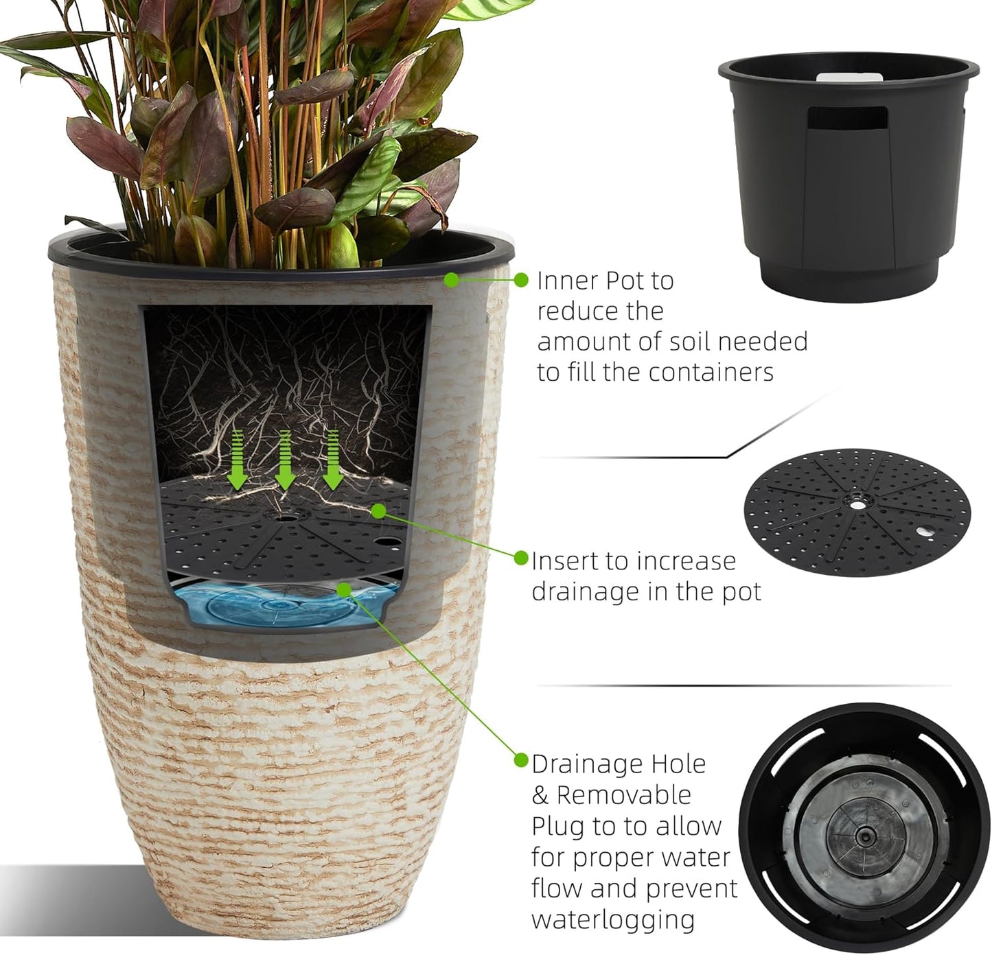 WORTH Garden 2-Pack 21" H. Beige Tall Planters with Inside Pots - 14'' Dia Plastic Large Round Plant Tree Pots - Decorative Imitation Stone Finish for Indoor Outdoor Front Porch Container Patio