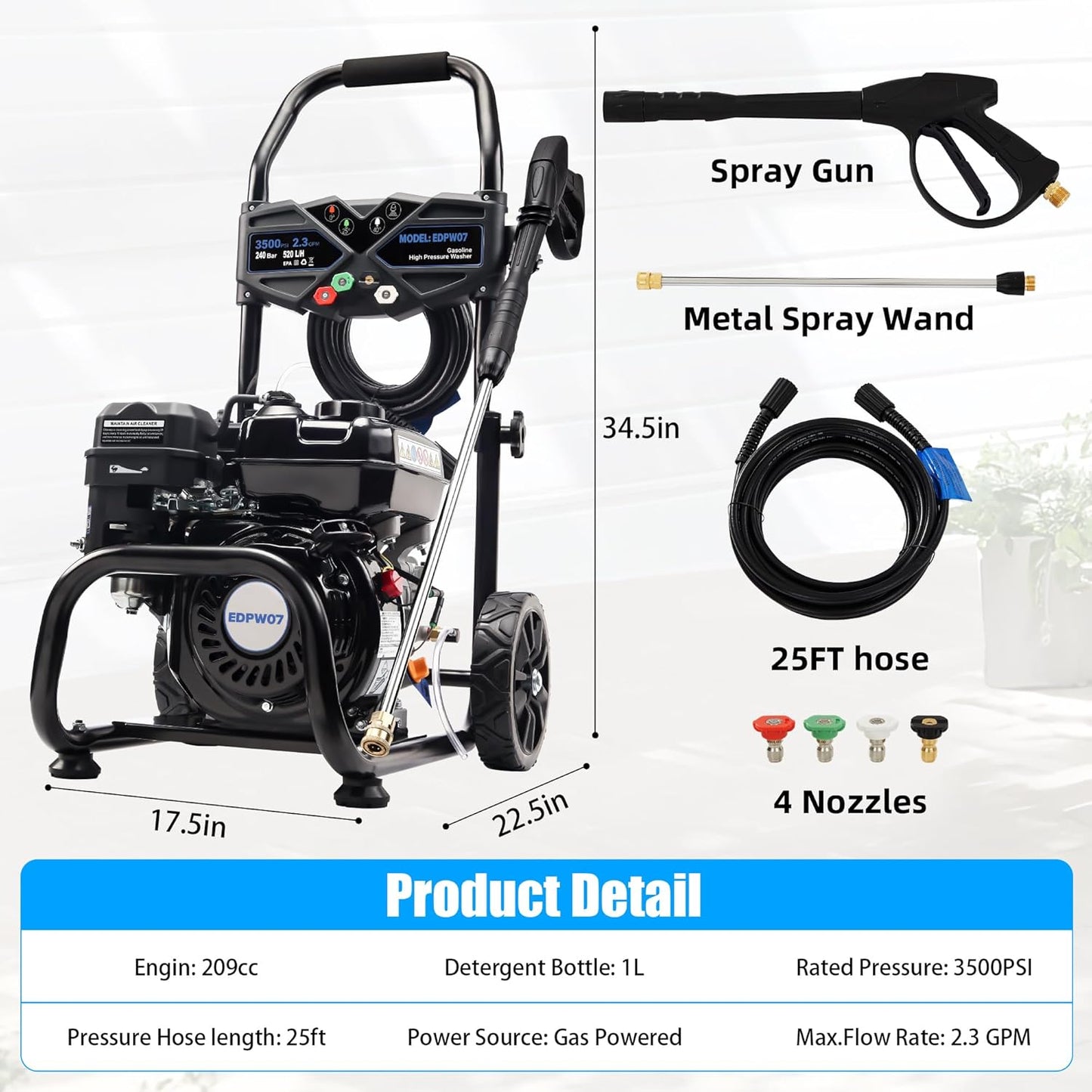 3500 PSI Gas Pressure Washer, 2.3 GPM Heavy-Duty High-Power Cleaner with 209CC 7HP Engine, 25Ft Hose, Axial Aluminum Pump, Soap Tank & 4 Quick-Connect Adjustable Nozzles (Black)