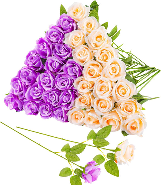 36 Pcs Purple, Champagne Artificial Roses with Long Stems, Purple Fake Silk Rose Artificial Flowers Bulk for Bridal Wedding Bouquet Centerpiece Ball Arrangement Party Decor