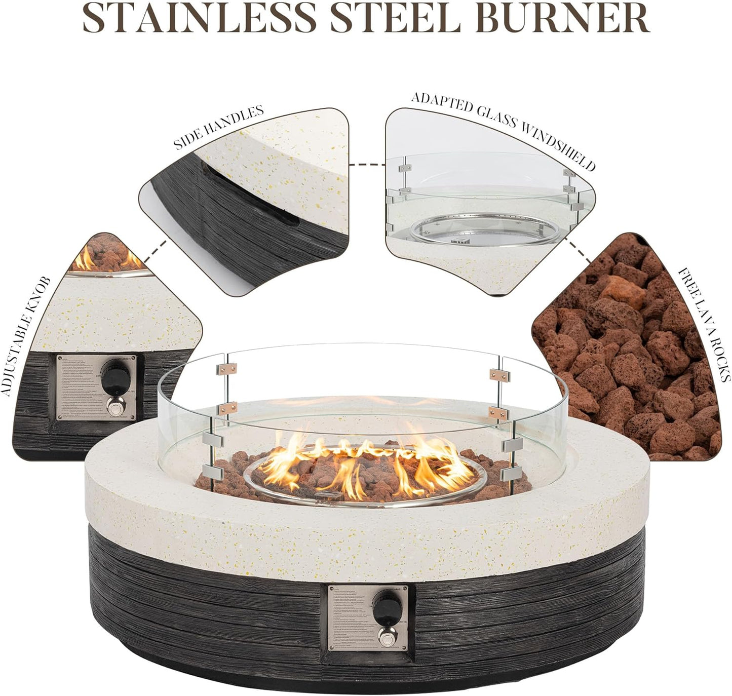 COSIEST 42" Outdoor Propane Fire Pit Table w Tank Cover & Wind Guard, Round Gas Fire Pit Table with Concrete & Wood Grain Design, 50000BTU CSA Certified Fire Tables for Patio, Backyard, Garden