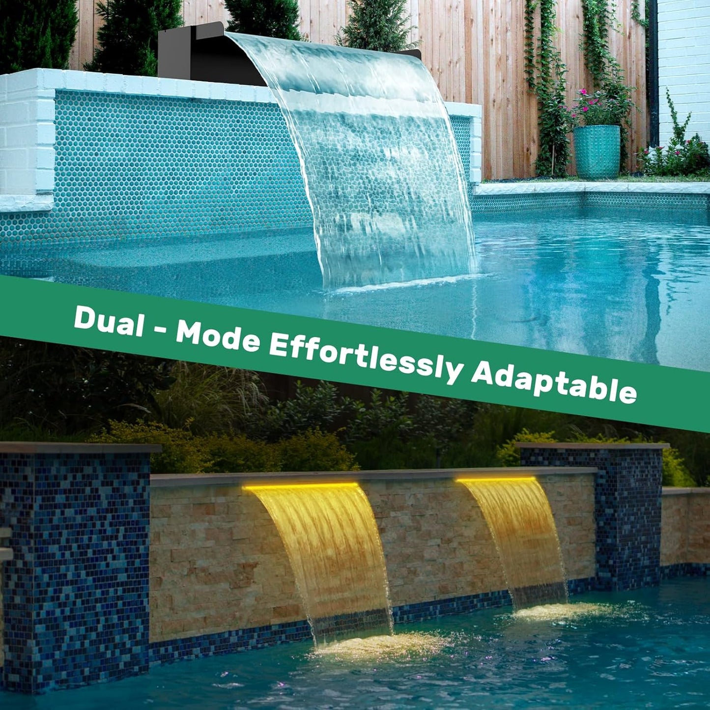 POPOSOAP 24Inch Pond Waterfall Spillway with Warm LED Light,304 Stainless Steel Waterfall Kit with 80W 1200GPH Pump & 9.8FT Corrugated Tube for Garden Decor Indoor/Outdoor Pond-P46D