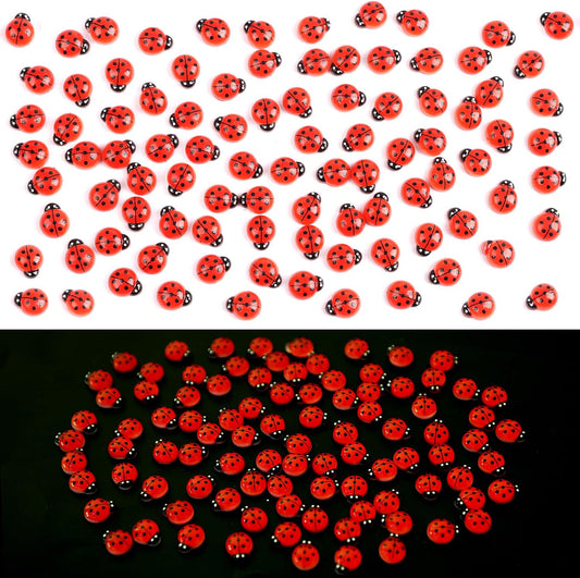 KIMOBER 100PCS Mini Luminous Ladybug Miniature Figurines,Glow in Dark Resin Animals Ladybug Figures for Fairy Garden Micro Landscape Decor Cake Topperr